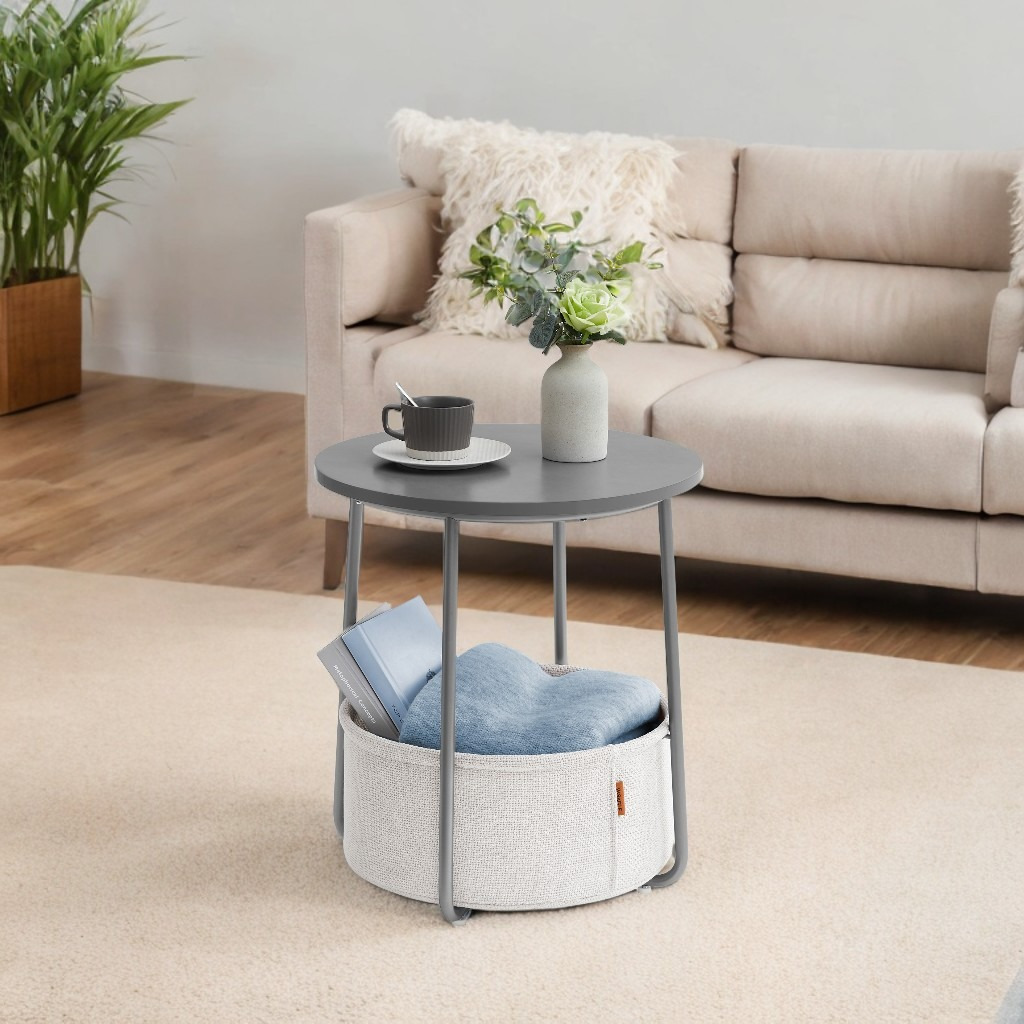 

Songmicshome Round Coffee Table With Fabric Basket, Spacious, For Living Room Bedroom, Bedside Table, , Cement Gray And Cream White