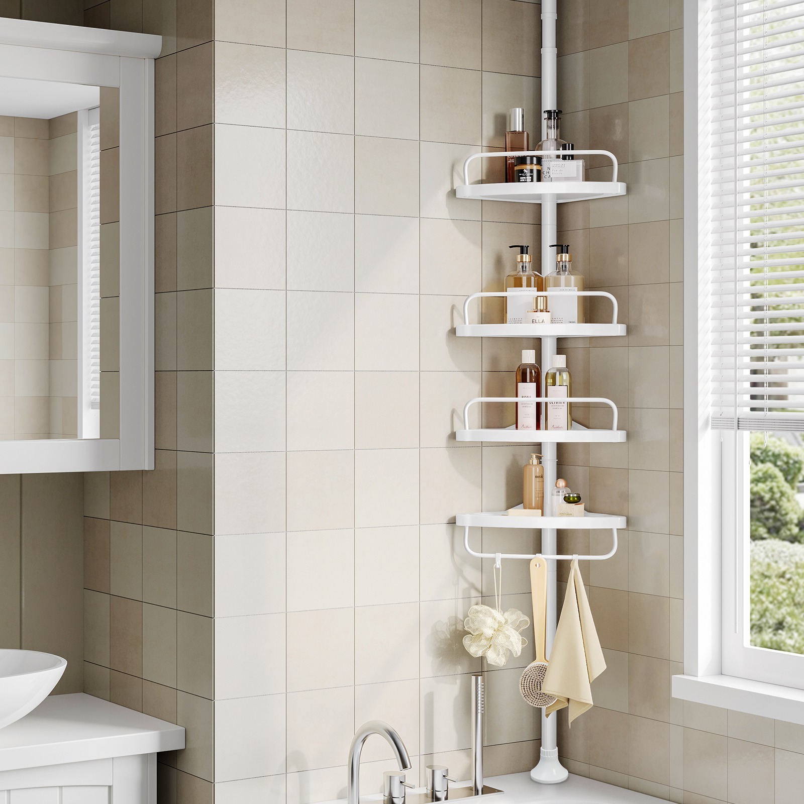 

Étagère de Douche Réglable en Hauteur, 4 Niveaux, Étagère d'angle Télescopique, Hauteur 85 à 305 cm, Rangement de Salle de Bain, Blanc