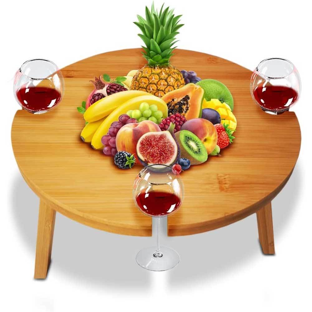 TEMU Bakaji Bamboo Wooden Coffee Table And Table, Portable Camping Table With Foldable Legs, Space-saving Bamboo Tray With 4 Cup Holders, Diameter 30