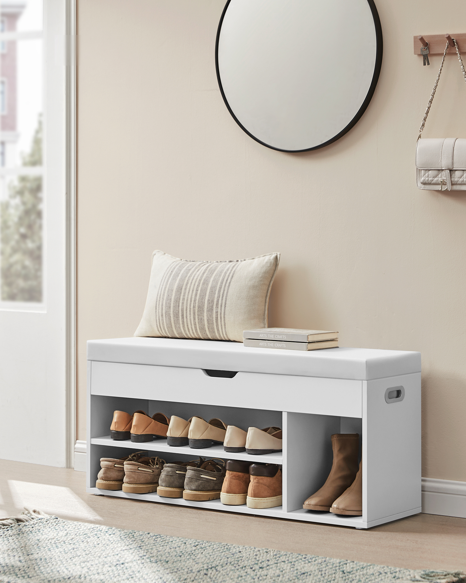 padded shoe bench storage bench 3 compartments hidden storage shelves for living room entryway bedroom load capacity 150 kg details 5