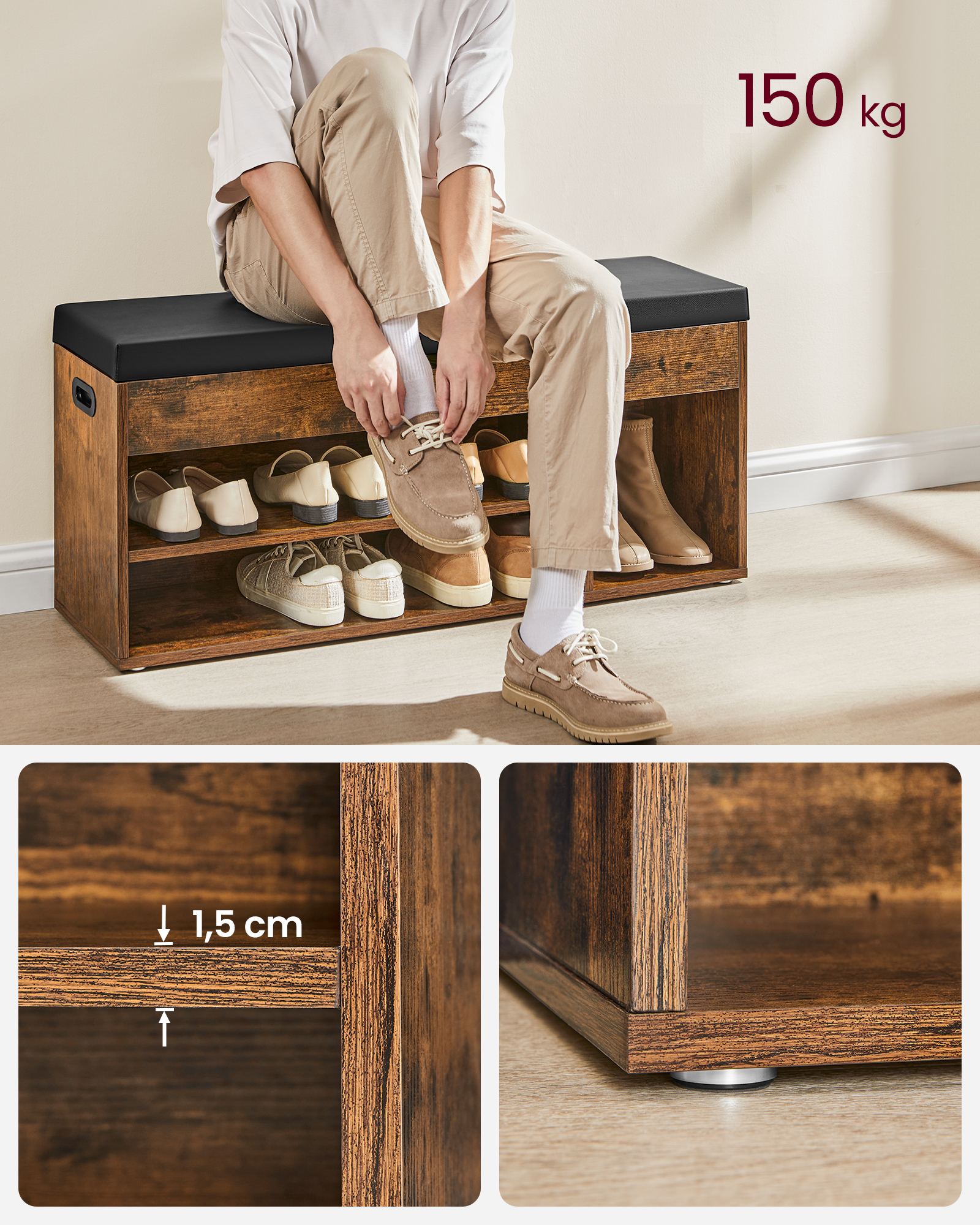 padded shoe bench storage bench 3 compartments hidden storage shelves for living room entryway bedroom load capacity 150 kg details 3