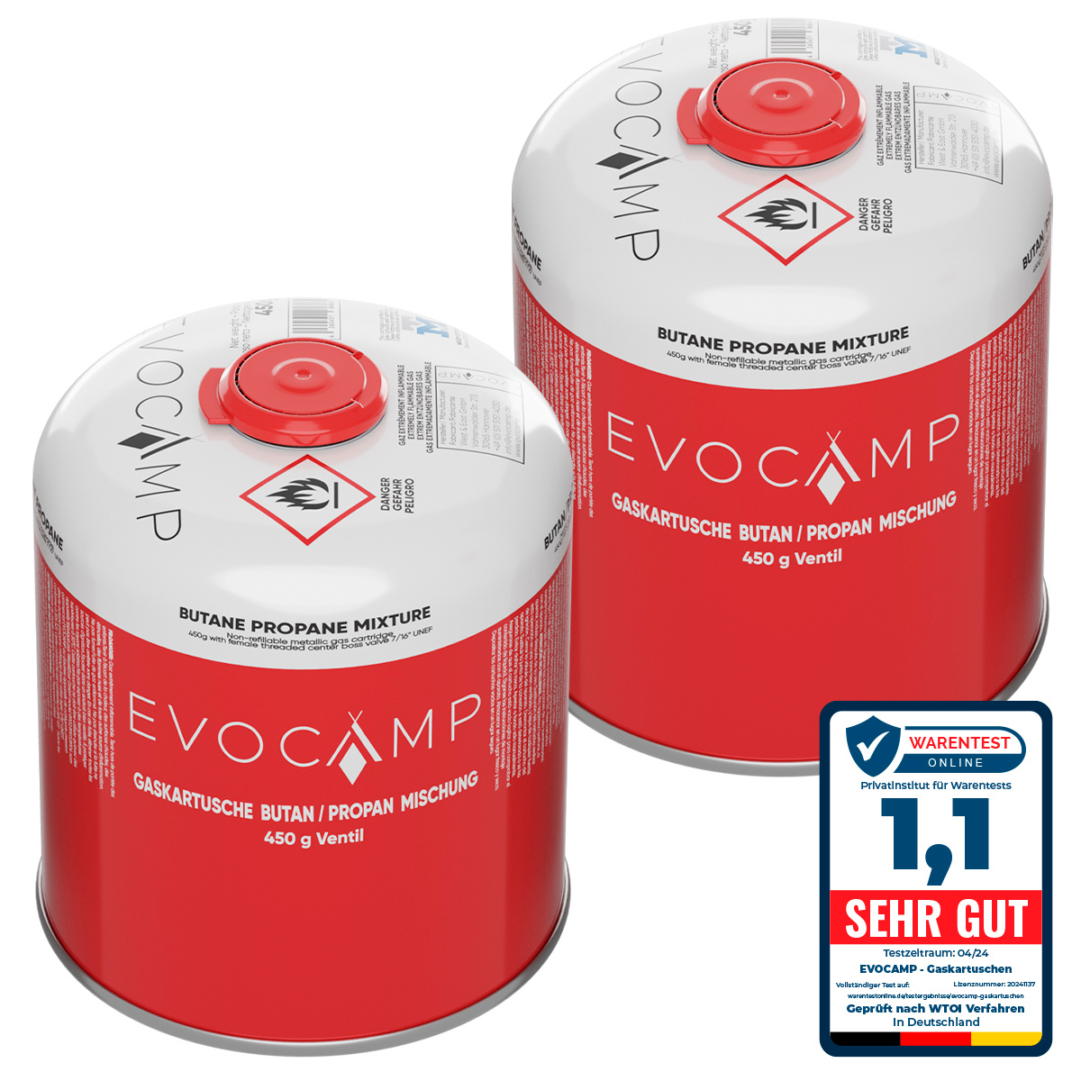 Evocamp Propane Butane Gas Cartridges 450g, Screw Cartridge Euro Thread 7/16", Valve Cartridge 809 Ml With Safety Automatic Shut-off, Gas Cartridge Suitable For Grills /1200 Series