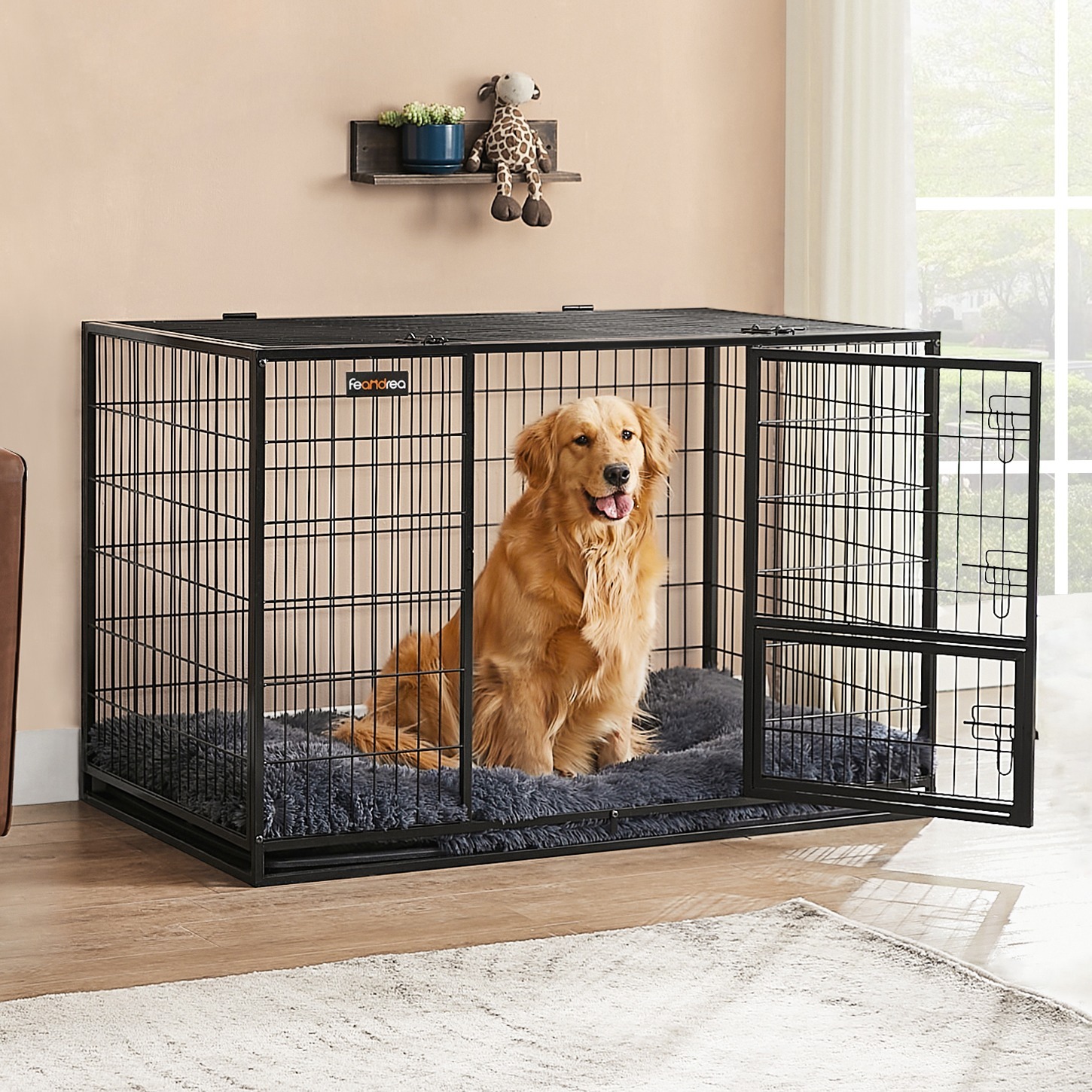E-shop Robuster Hundekäfig, 122 x 74,5 x 80,5 cm, XXL, Gitterbox, Hundehütte aus Metall, transportabler Tierkäfig mit 2 abnehmbaren Türen, für