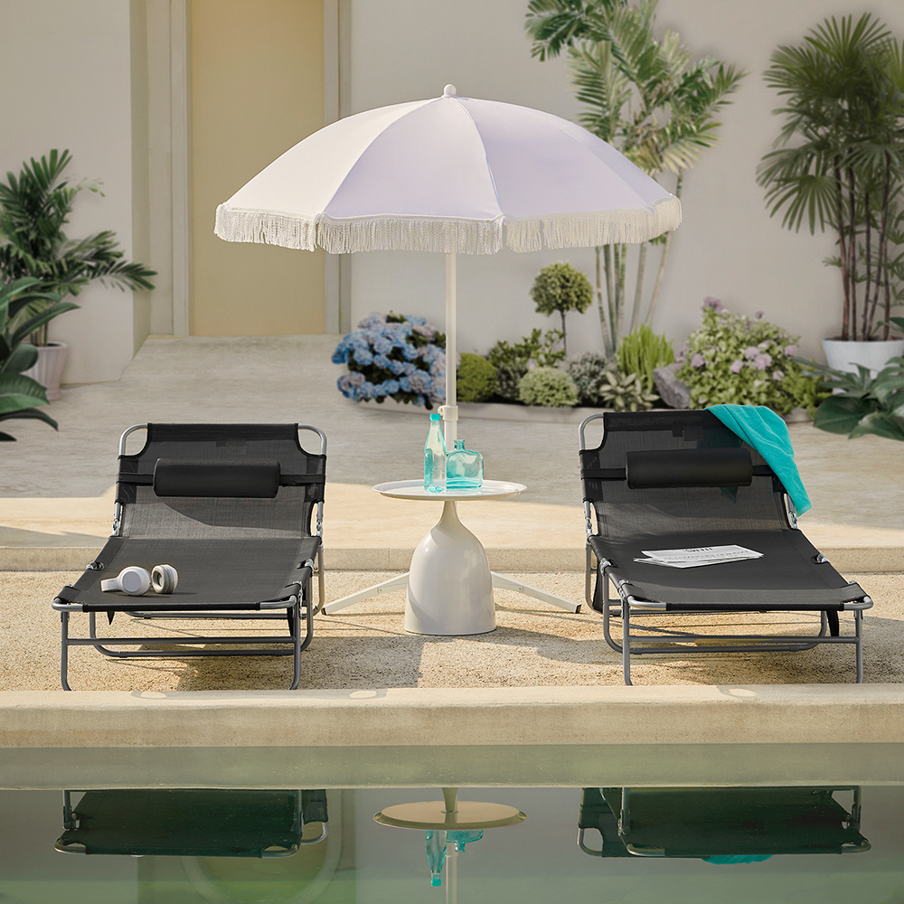 Image of Set Of 2 Foldable Outdoor Garden Sun Loungers With Pillow, Relaxing Chaise Longue With Side Pocket, Garden Furniture For Terrace, Beach, Pool, Black, 155x56x81 Cm - Pht46-tdiy3