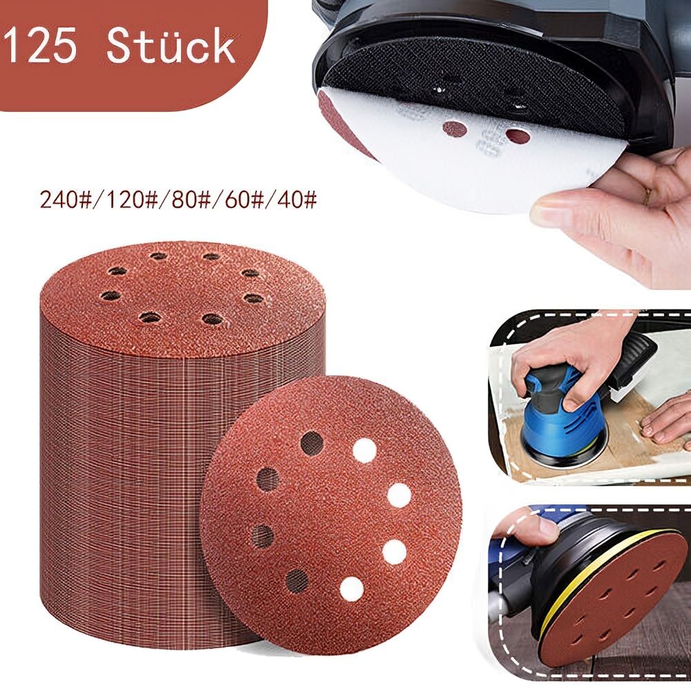 

125 Pieces Of Sanding Disc 125mm Sandpaper 8 Holes