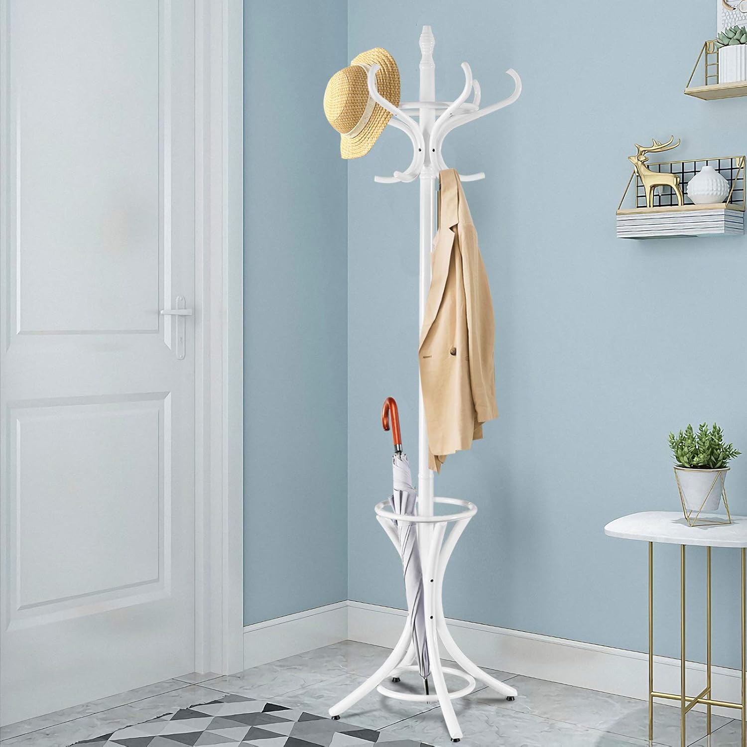 184cm Wardrobe Stand With Umbrella Stand & 12 Clothes Hooks Wooden Coat Rack For Hallway Living- Bedroom White