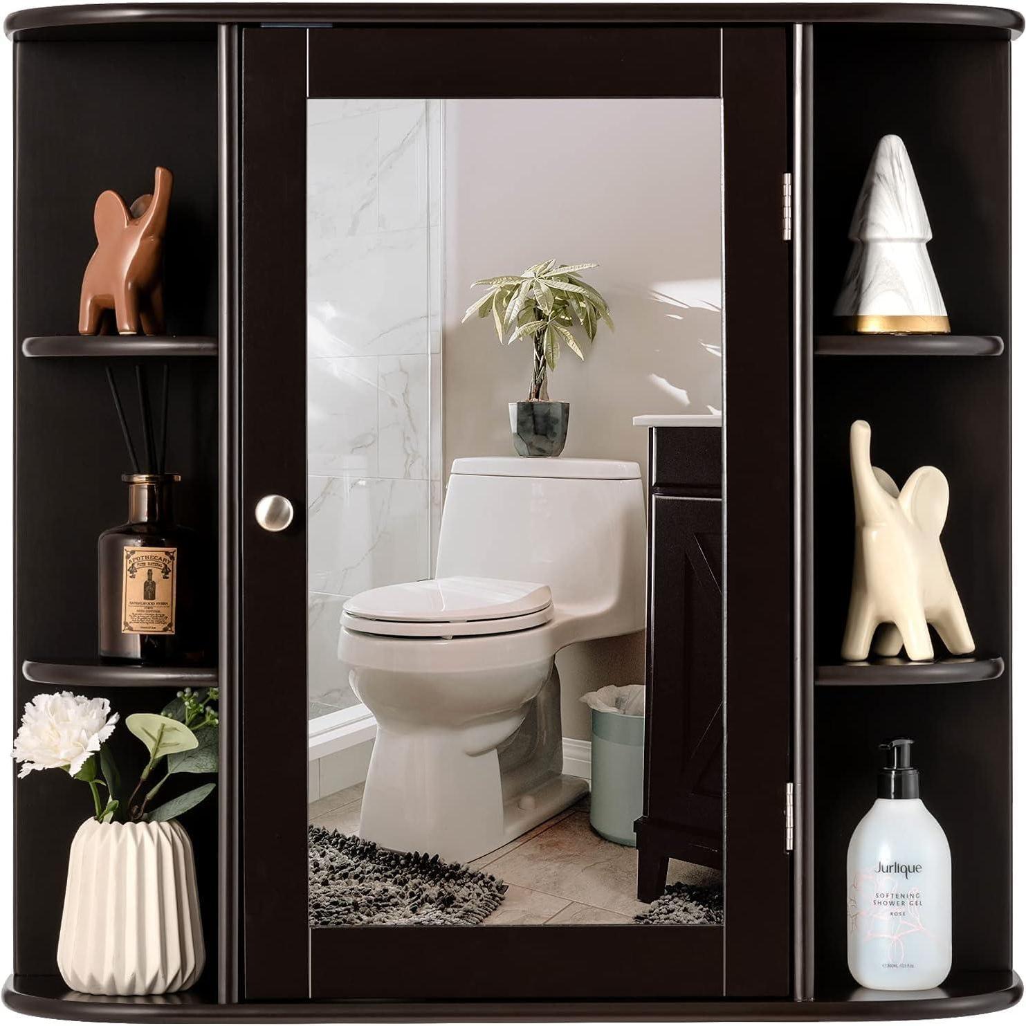 Image of Bathroom Mirror Cabinet, 4 Compartments & 6 Open Shelves, Hanging Bathroom Cabinet With Mirror, Wood, 66 X 17 X 63cm (brown)