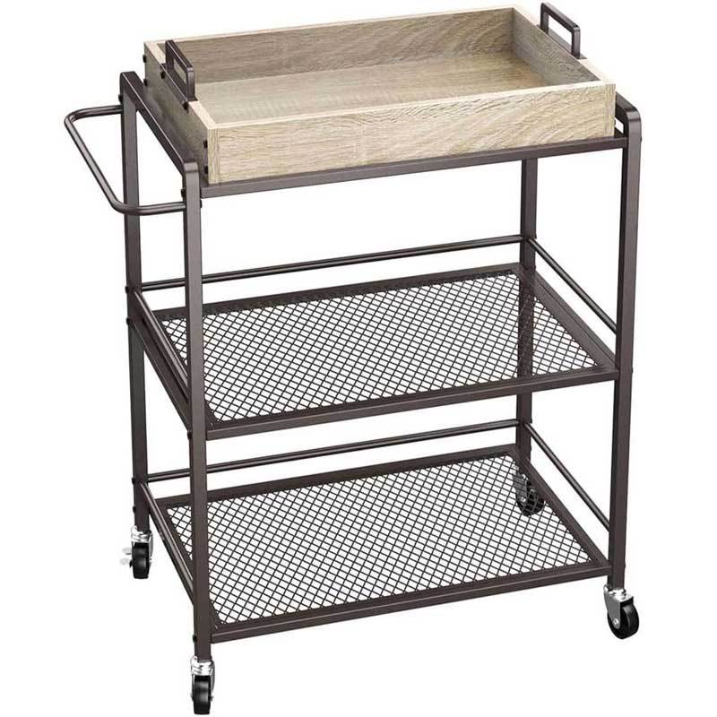 TEMU BAKAJI Carrito de cocina en metal y madera de 3 niveles industrial con ruedas giratorias y bandeja de desayuno extraíble, carrito de hierro que