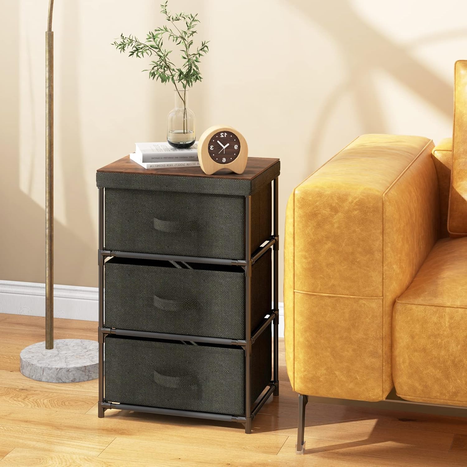 Image of Nightstand With Fabric Drawers, Storage Cabinet Fabric Dresser For Bedroom, Living Room, Hallway Black, 3 Drawers