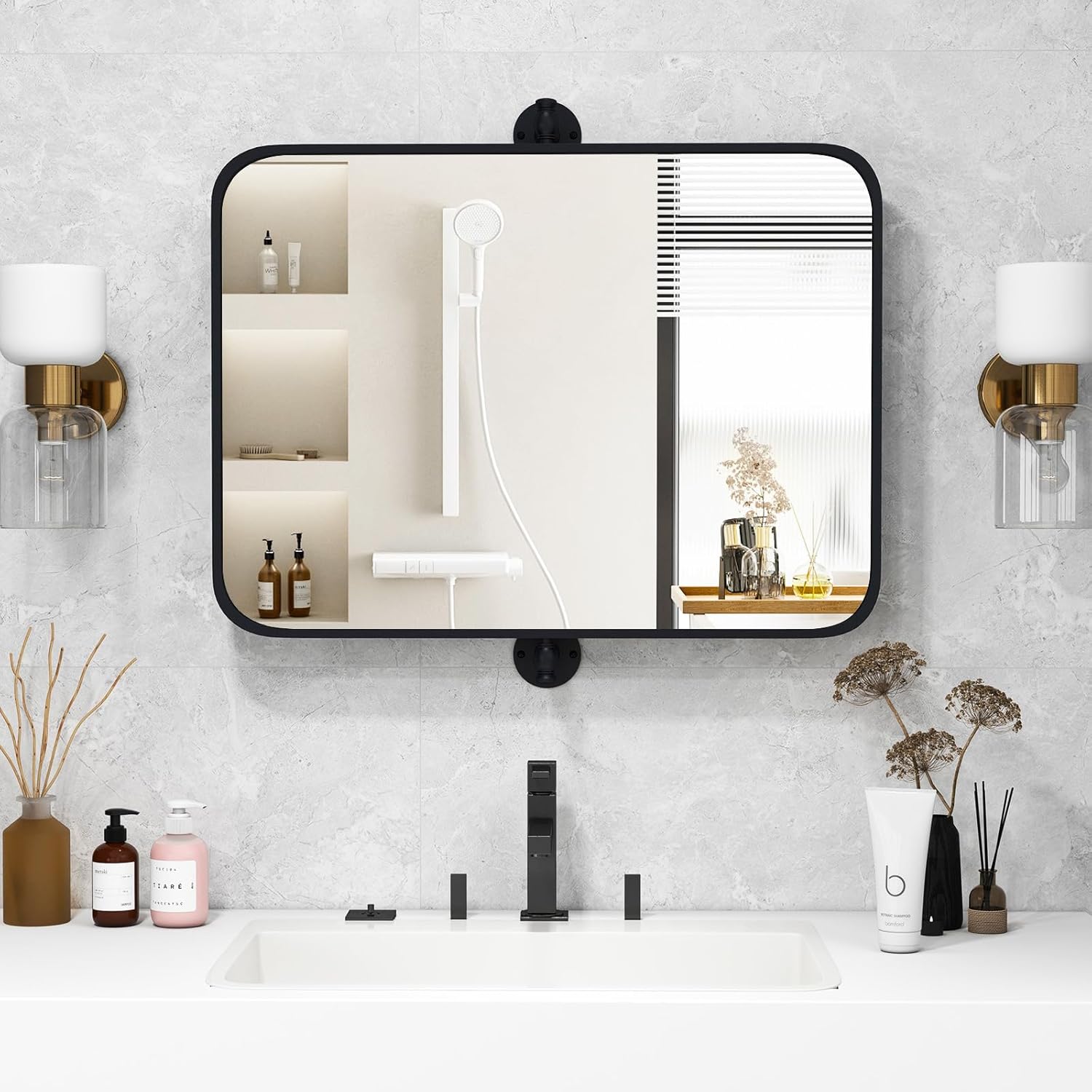76.5 X 56 Metal Framed Wall Mirror, Bathroom Mirror With Wall Mounting, Rectangular Decorative Mirror