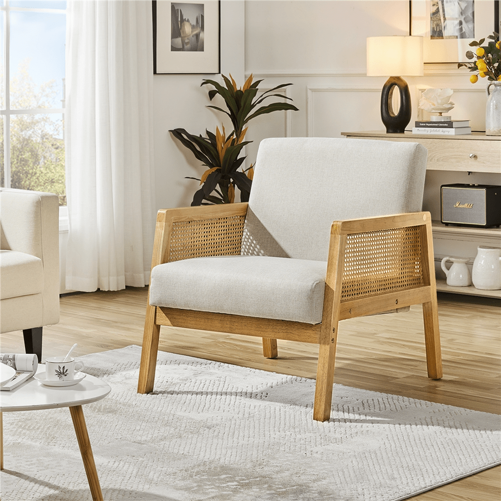 Image of Costoffs Lounge Chair With Padding & Rattan Armrests, Comfortable Upholstered Armchair For Living Room, Reception Area, Reading Nook, Bedroom
