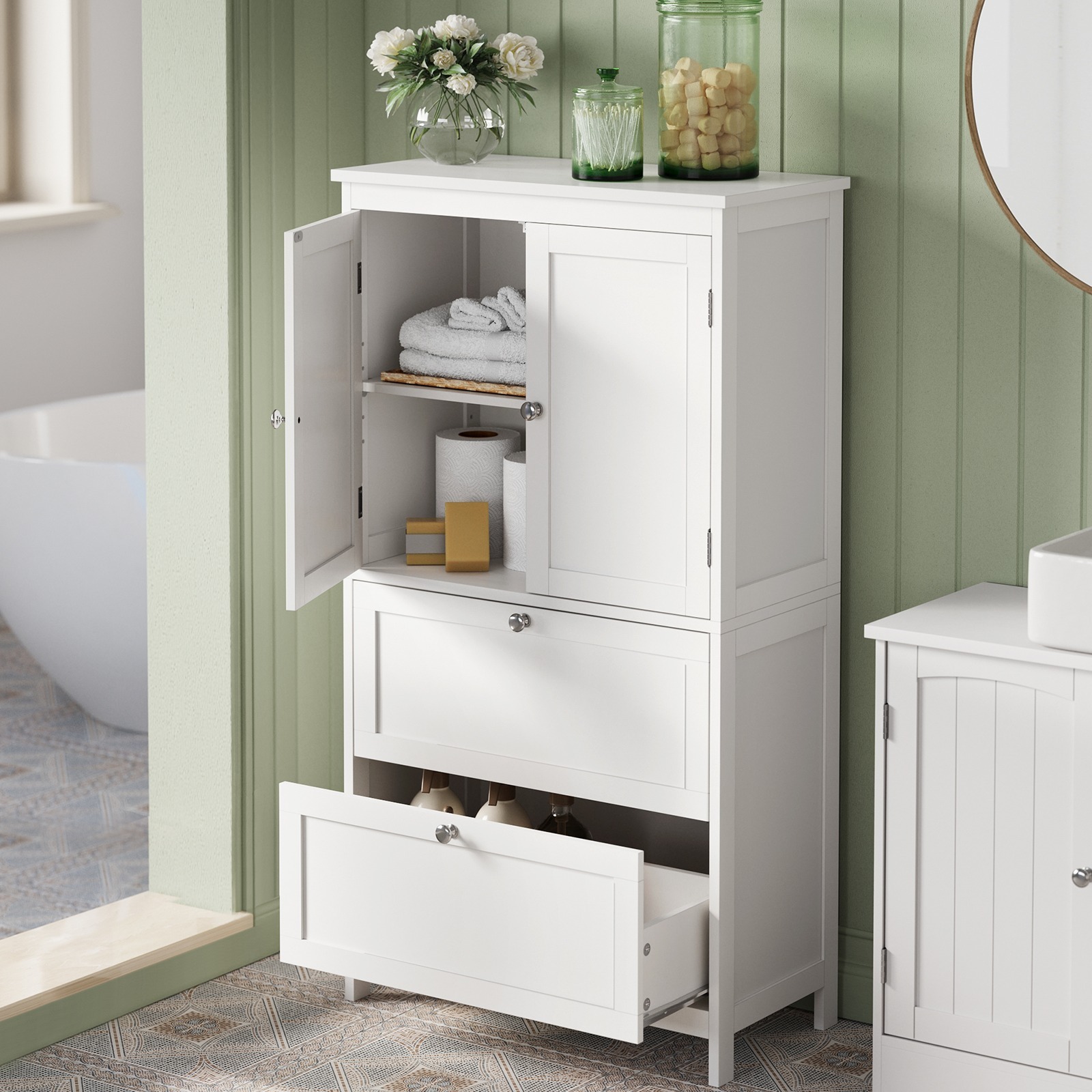 TEMU Bathroom Cabinet, Bathroom Cabinet, Kitchen Cabinet, With 2 Doors And 2 Drawers, Adjustable Shelf