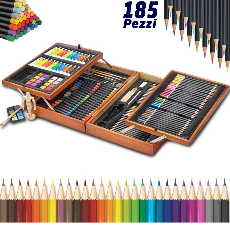 TEMU BAKAJI Valigetta in Legno Set 185 Pezzi Assortiti Colori ad acqua Pittura Acrilica e a olio Pennelli e Accessori Disegno Set completo