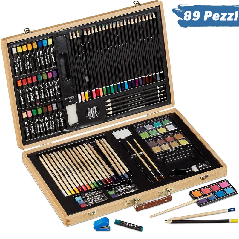 

Bakaji Painting And Drawing Set With Wooden Case - 89 Assorted Accessories Including Pencils - Crayons - - Brushes Etc. Professional Artistic Set For Artists And Hobbyists - Painting Kit - Gift Idea