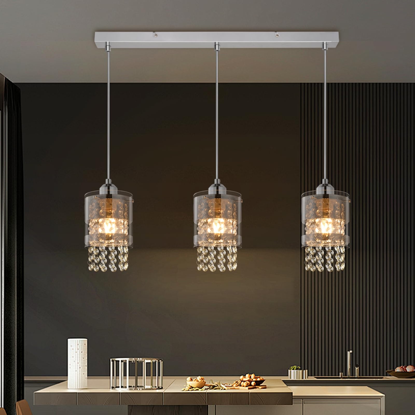 TEMU Modern Dining Table Pendant Lamp With 1/3 Flame Shape, E27 Glass Pendant Lamp, Height Adjustable Up To 150 Cm, Pendant Lamp, With Industrial