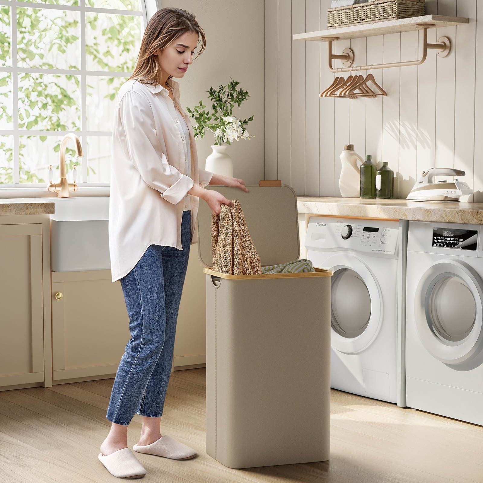 

Songmics Laundry Basket With Lid, Laundry Basket, 90l, Space Sack, Detachable Footmuff, Oxford Fabric, Bamboo Handles, Foldable, 42 X 32 X 70.5 Cm, Camel Brown