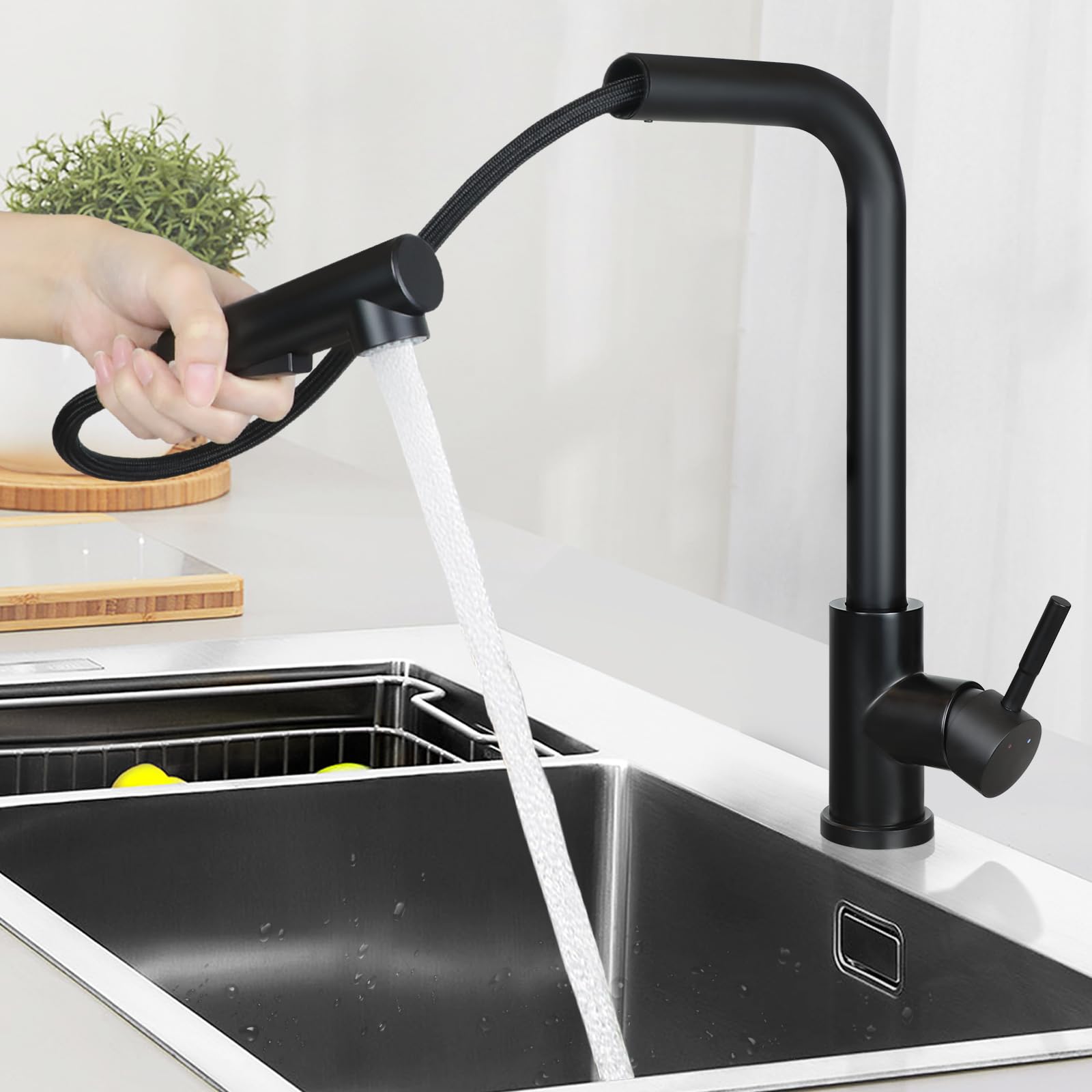 Image of Kitchen Pull-out Faucet - Industrial Style Mixer Tap With Shower, 360° Rotatable Stainless Steel Faucet With 2 Spray Types Selectable, Kitchen Faucet - Polished Nickel/black, Abrasion-resistant .