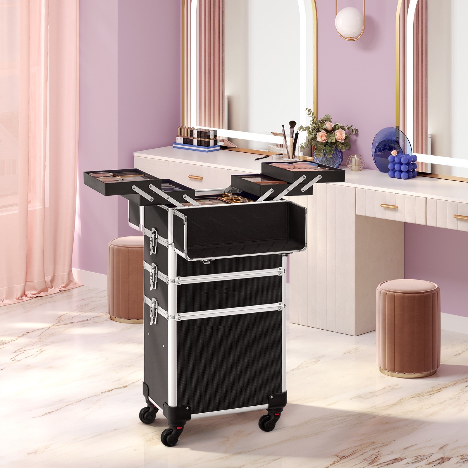 Kosmetikkoffer Mit Tisch & 3 Schubladen | Mobile Makeup-Station Mit Beleuchtung | 360° Rollen