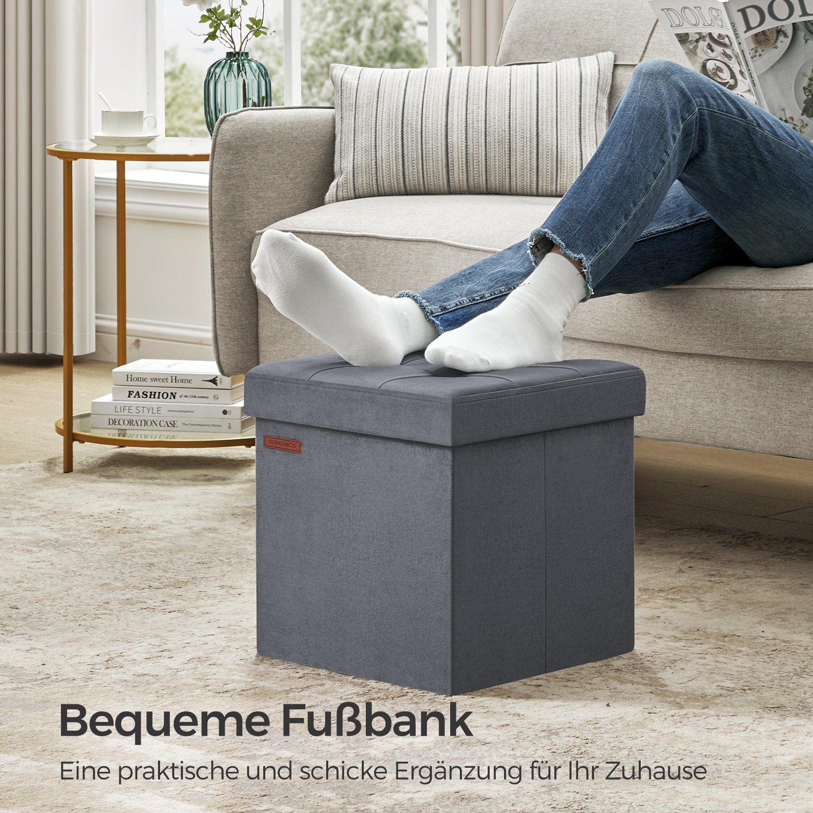 E-shop Sitzhocker mit Stauraum, kleine klappbare Sitzbank, 38 x 38 cm Fußbank, Aufbewahrungsbox, bis 300 kg belastbar, für Wohnzimmer Schlafzimmer