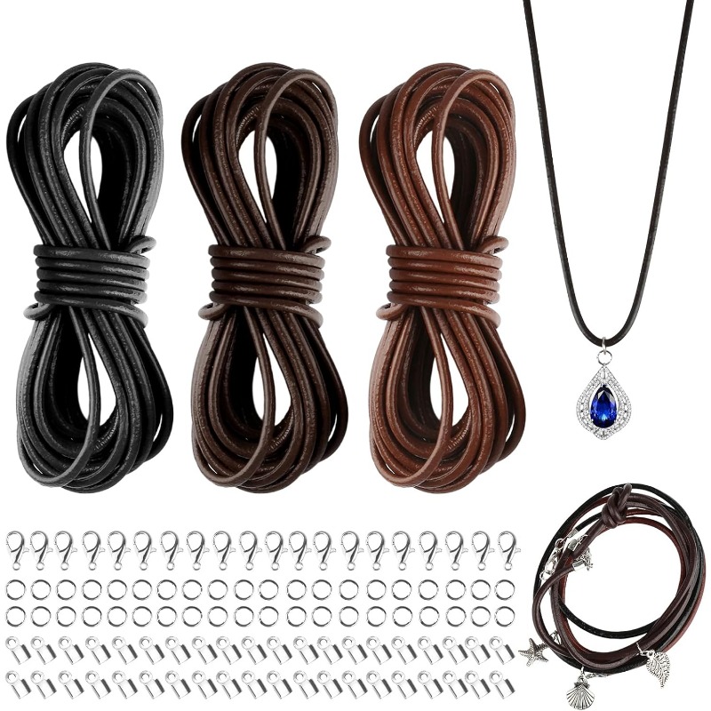 

Bande de cuir, 3 rouleaux de 5 mm de corde de cuir ronde, corde de cuir avec 20 attaches à boucle, 40 extrémités de câble et 40 anneaux de saut, idéal pour des bracelets et faits maison