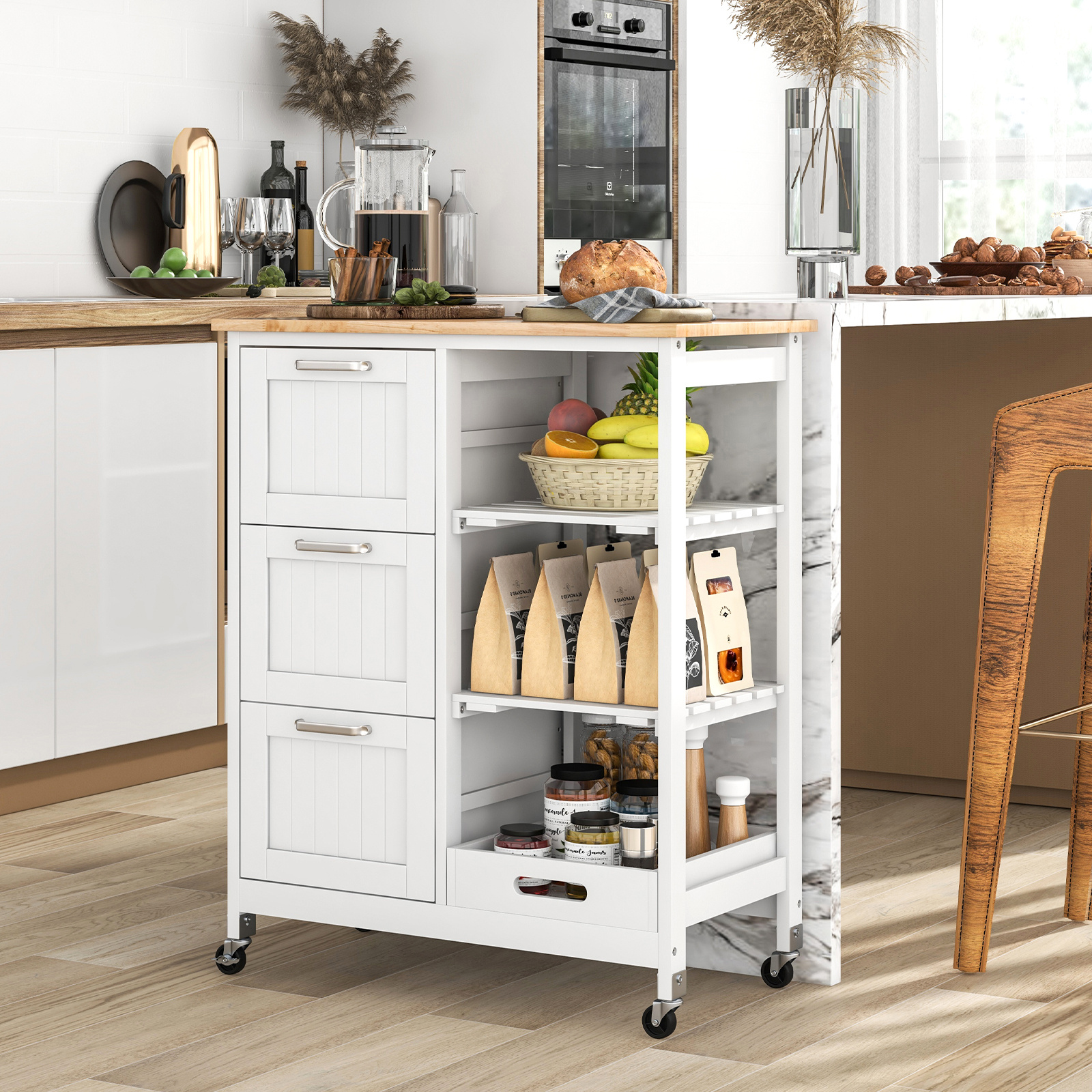 Image of Kitchen Cart With Tray, 2-tier Storage Shelf And 3 Large Drawers, Rolling Kitchen Cabinet, Rubberwood Kitchen Island, Serving Cart 67 X 37 X 82.5 Cm White/black