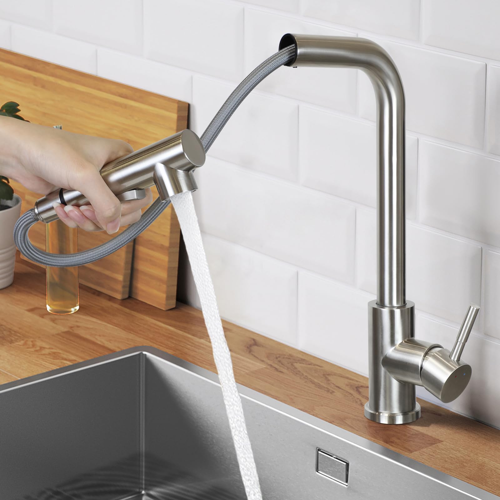 Kitchen Pull-out Faucet - Industrial Style Mixer Tap With Shower, 360° Rotatable Stainless Steel Faucet With 2 Spray Types Selectable, Kitchen Faucet - Polished Nickel/black, Abrasion-resistant .