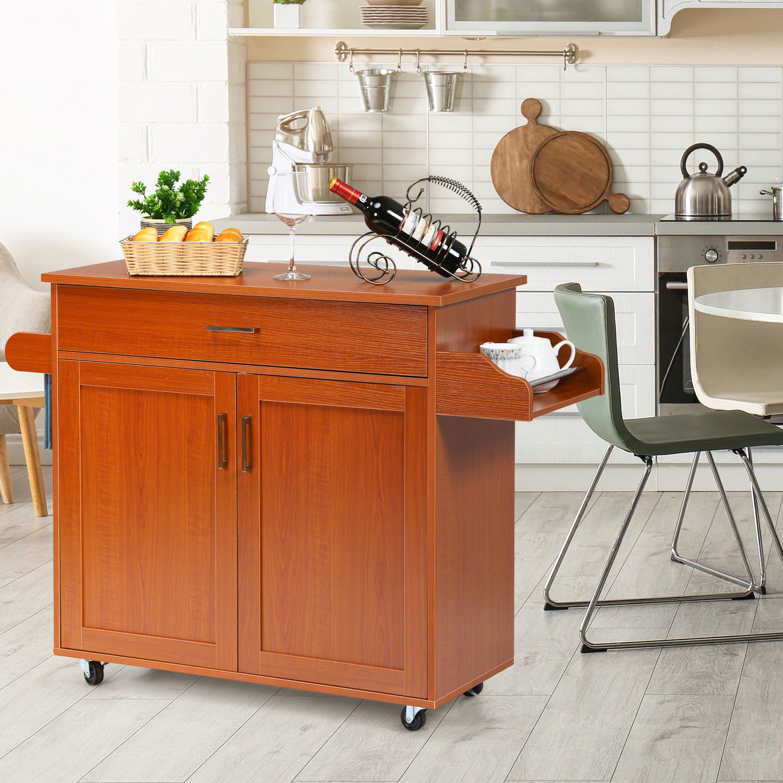 Kitchen Cart With Towel Holder And Spice Board, Kitchen Island With Drawer And Adjustable Shelf, Rolling Kitchen Cabinet, Wooden Serving Cart, Kitchen Island Cart (gray/brown)