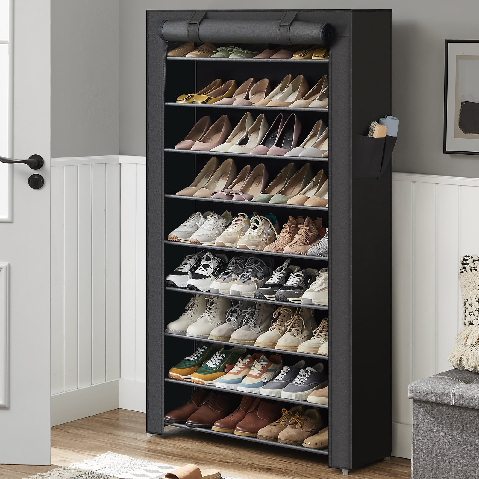 

10-Tier Étagère à chaussures en tissu, meuble de rangement 11 x 35 pouces, avec housse de protection, pour chaussures de sport, talons hauts, pantoufles, cadre en métal