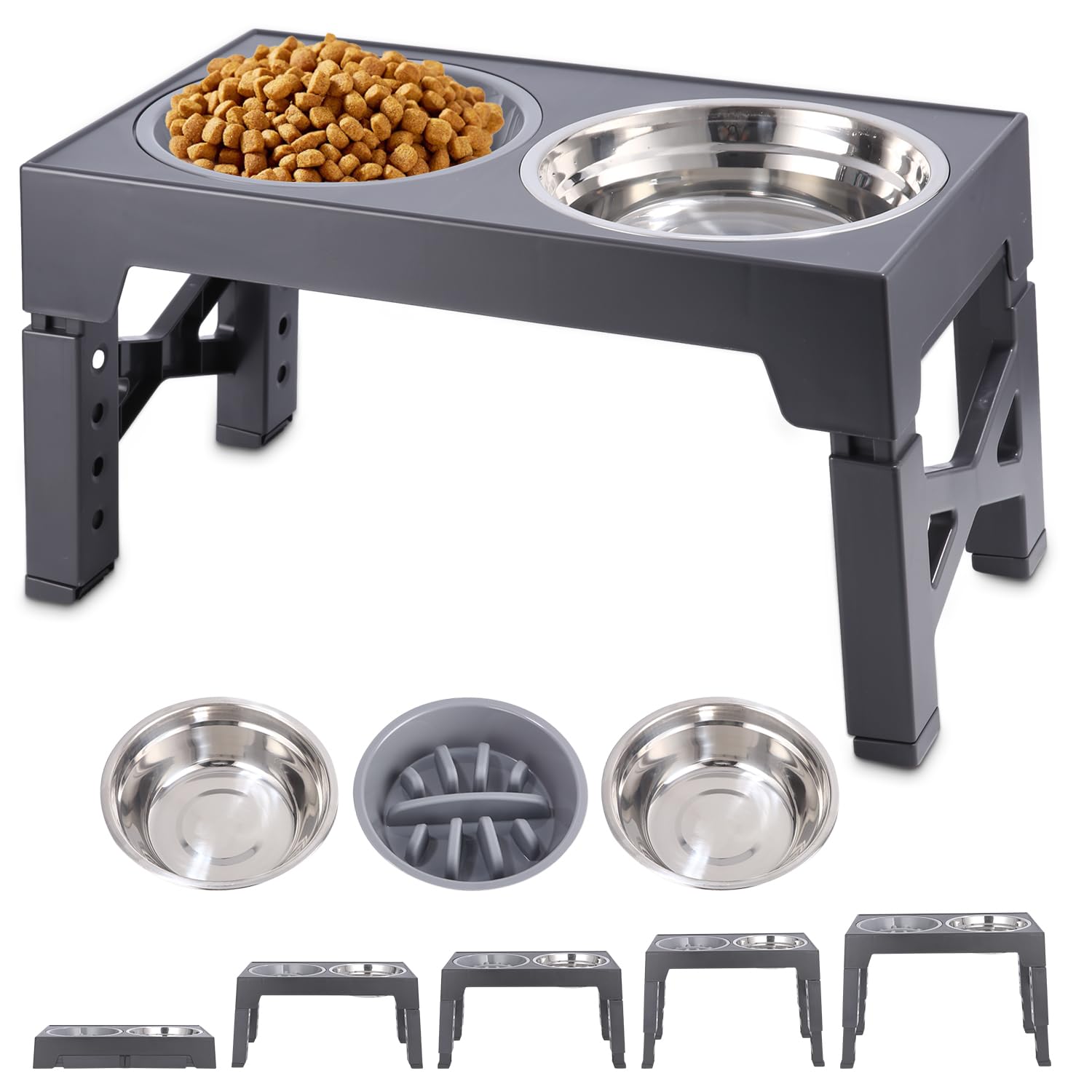 

Raised Dog Bowl, Feeding Bowl, Height Adjustable With Slow Feeding Bowl, 2 X Stainless Steel Bowls, 5 Height Adjustable Bowl Stand For Large, Medium, Small Dogs And Pets