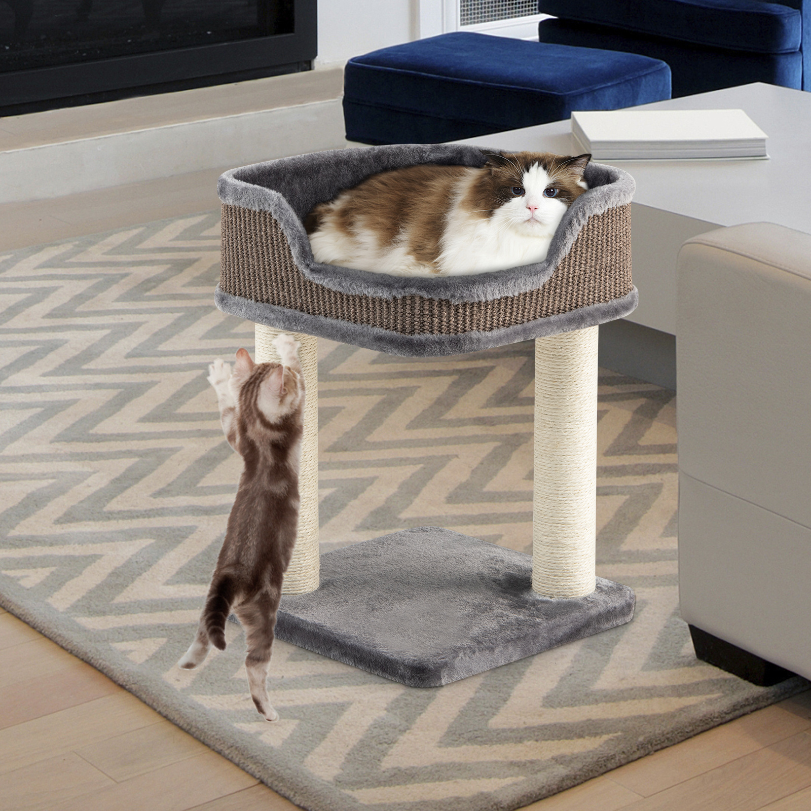 Image of Scratching Tree Small, Cat Tree With Large Plush Seat, Cat Scratching Tree Wood, Cat Cat Furniture Climbing Tree, Activity Tree Play Tree, Natural Sisal Tower With Scratching Post Grey/beige