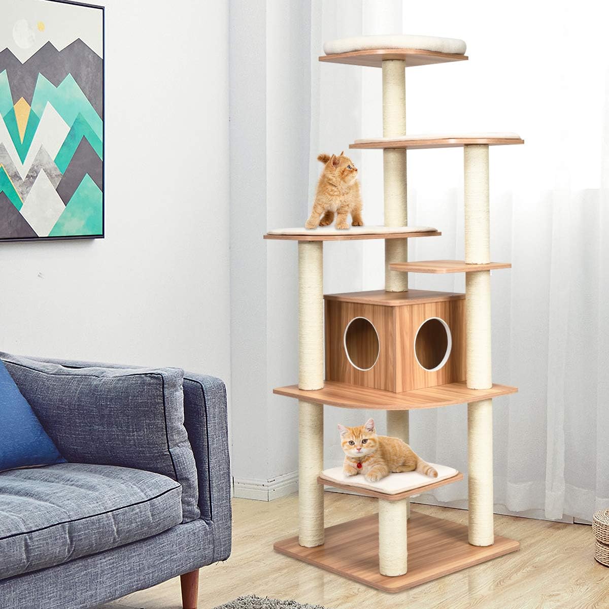 175cm Wooden Scratching Post, 6-stage Large Cat Scratching Post, Cat Playhouse With Cave And 5 Mats, Activity Tree Cat Furniture Climbing Tree Cat House, Dark Brown/beige + Cat Tree
