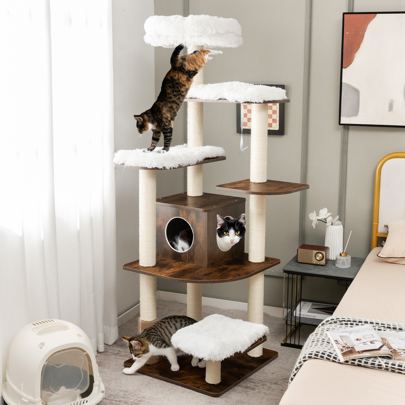 Image of 175cm Wooden Scratching Post, 6-stage Large Cat Scratching Post, Cat Playhouse With Cave And 5 Mats, Activity Tree Cat Furniture Climbing Tree Cat House, Dark Brown/beige + Cat Tree