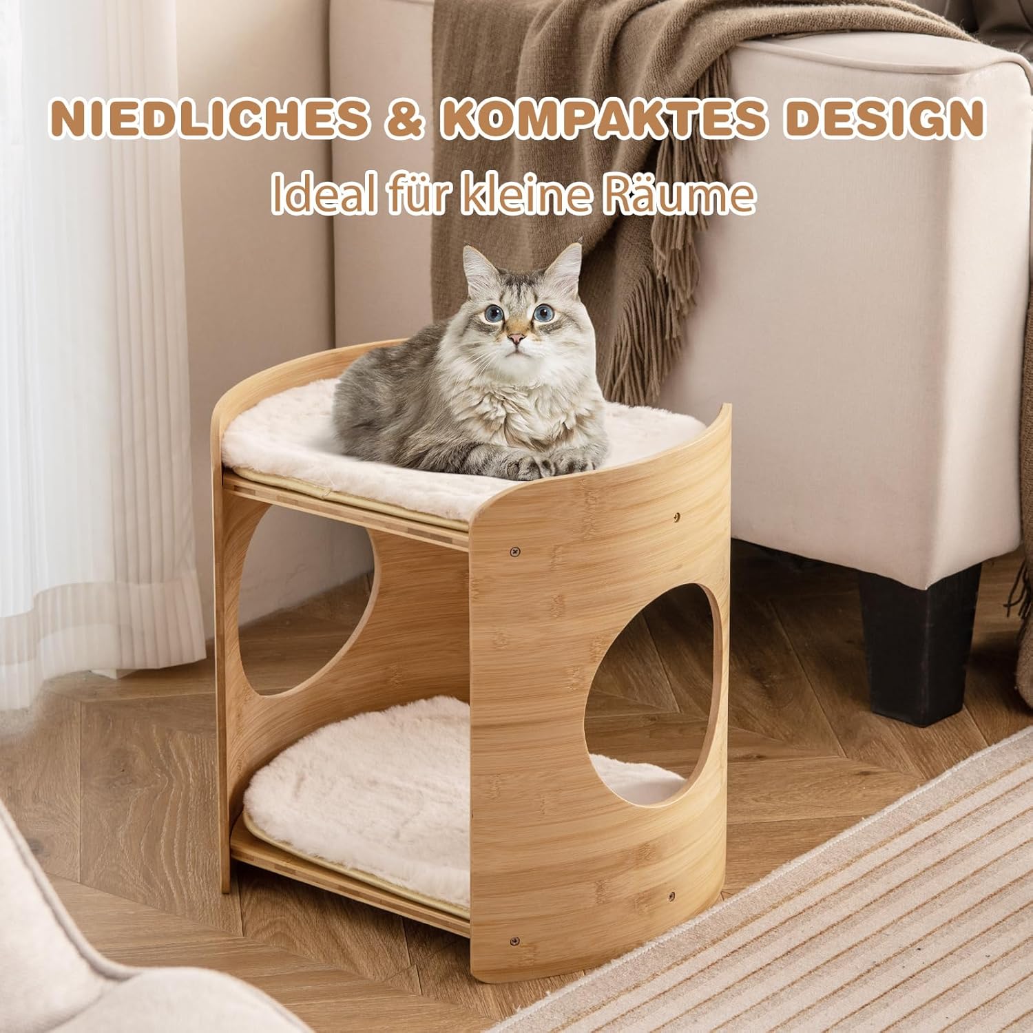 Image of 2-story Cat Bed Bamboo, Cat Sleeping With Removable Plush Mats, 2 Cat Holes & 2 Beds, Cat Furniture, Cat Cave 40x33x41cm