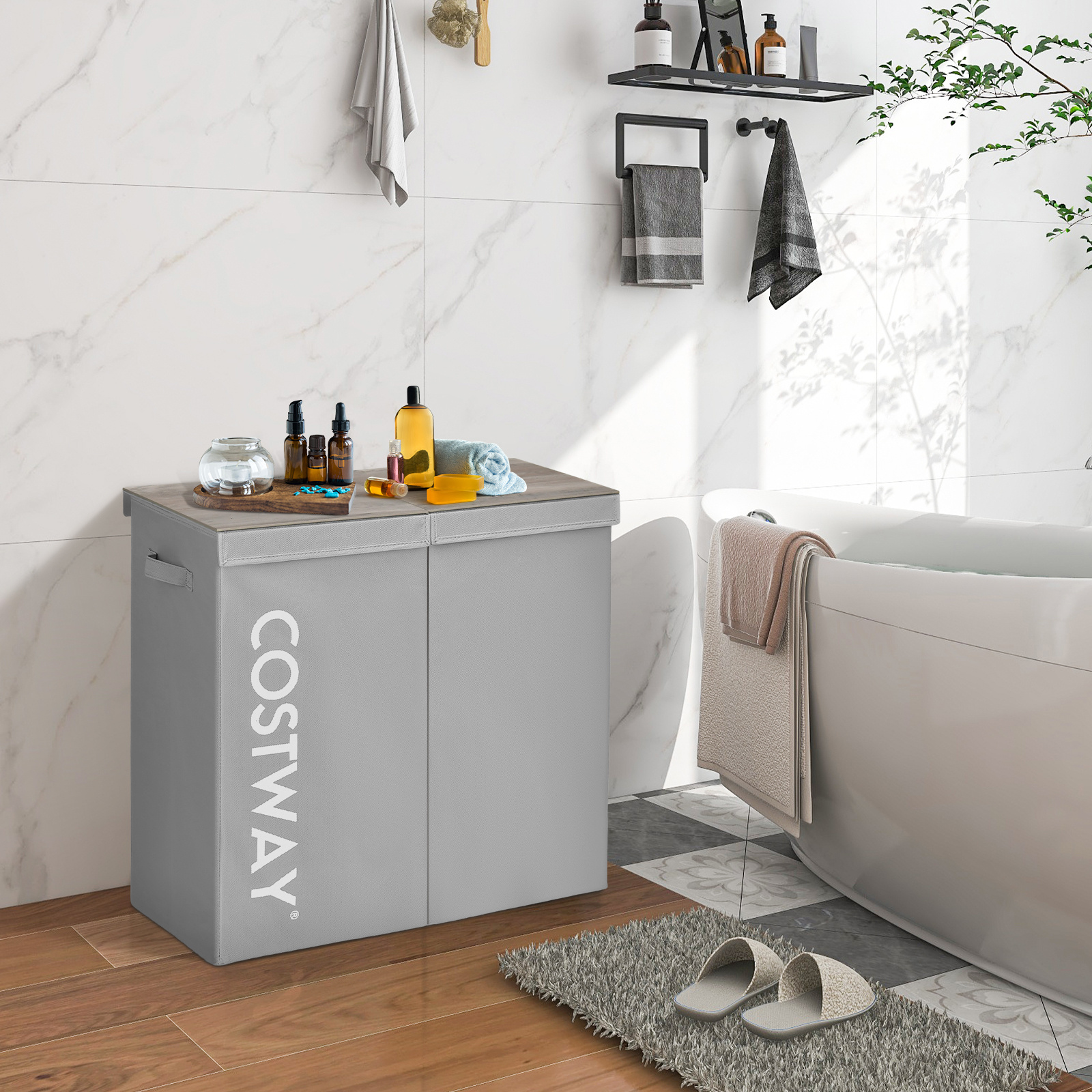 Image of 115l Laundry Basket With Lid, Laundry Collector 2 Compartments, Made Of Fleece With Handles, 62 X 31 X 60 Cm Gray/black