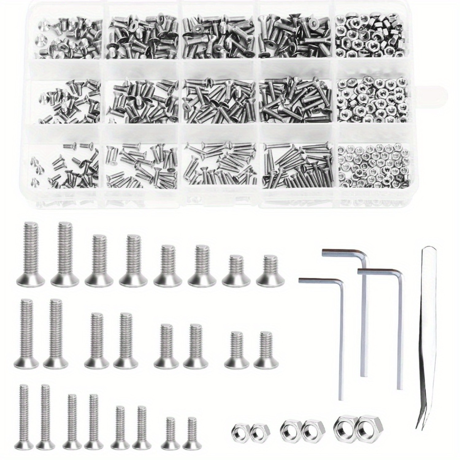 TEMU 575 Stk Hexagon Screws Set Stainless Steel Countersunk Head Screws M2 M2.5 M3 Screws With Nuts Storage Box Threaded Screws Set Machine Screws
