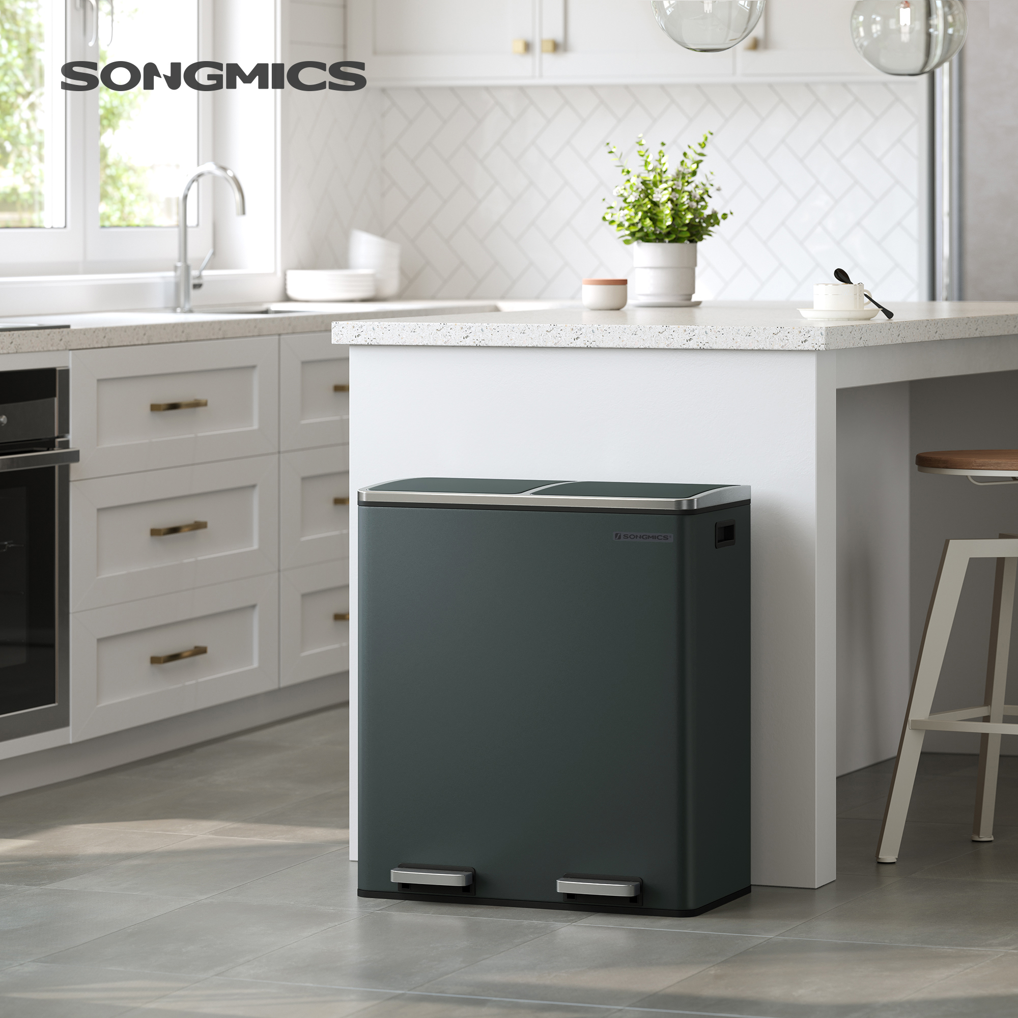 

Songmics Home Trash Can, 2 X 30 Liter, 2 Compartments, Waste Sorting System, Step Trash Can, Kitchen Trash Can, 15 Trash Bags, Metal, Plastic Inner Bucket, , Soft Close