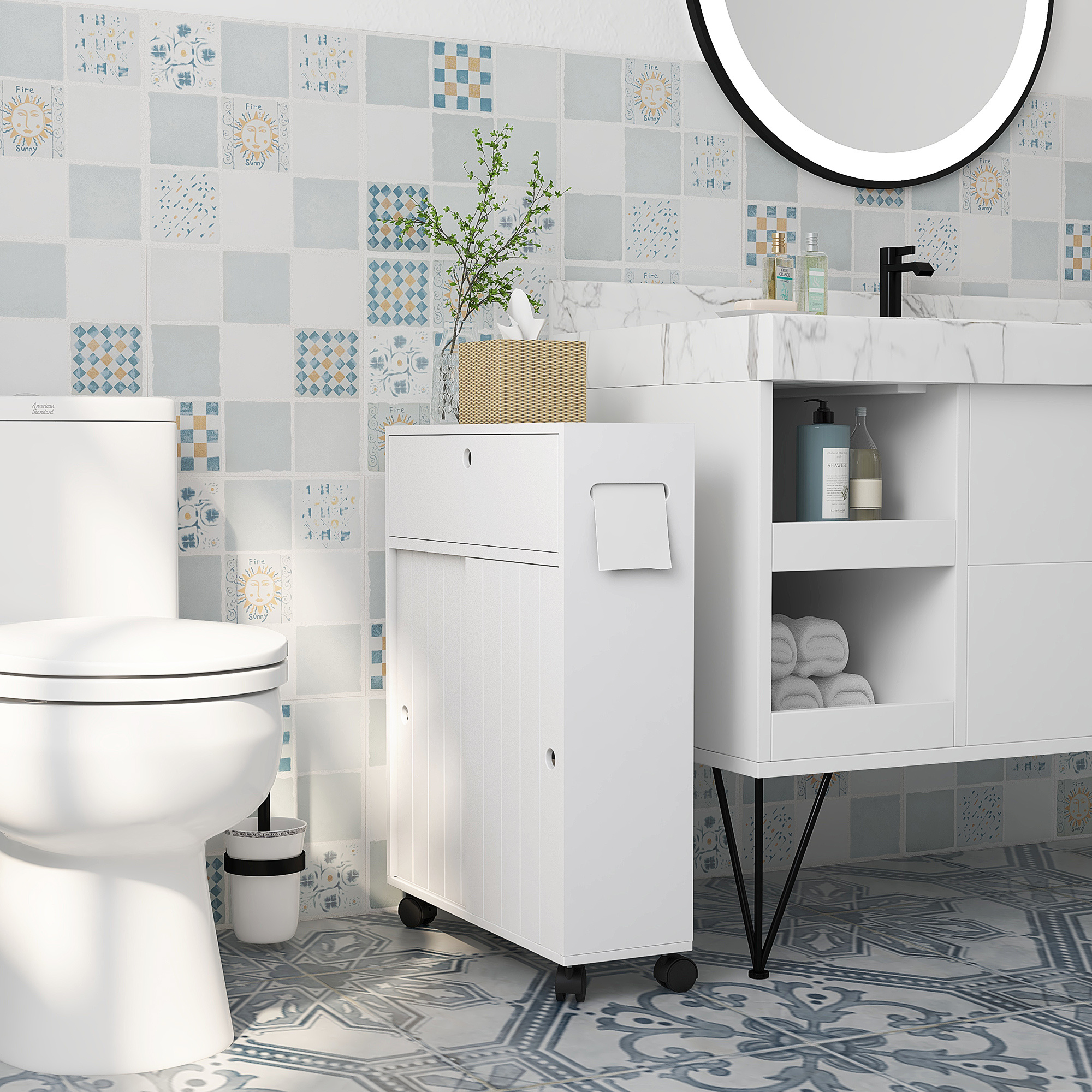 TEMU kleankin Mueble Auxiliar Baño Moderno Armario de Baño con 4 Ruedas 2 Agujeros para Papel 2 Armarios y Estantes Ajustables Mueble Auxiliar de
