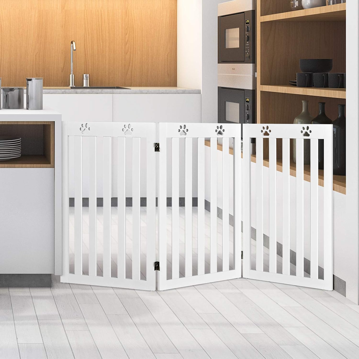 Image of Costway 3-panel Pet Fence, Wooden Foldable Dog Gate With 360° Flexible Hinges And 4 Panels, 89.5cm Pet Gate For Home Stairs (white)