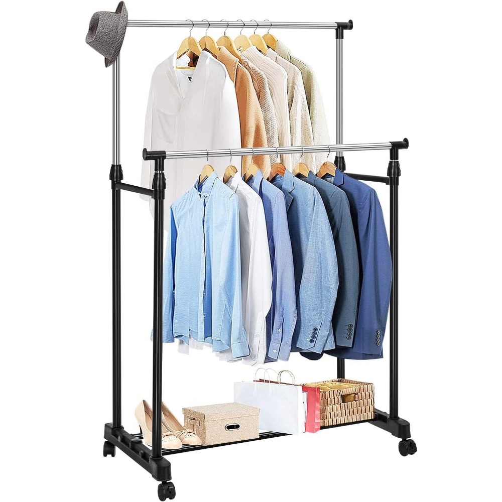 E-shop Kleiderständer auf Rollen Garderobenständer Kleiderwagen Höhenverstellbar Kleiderstange 92-156cm Rollgarderobe mit Schuhablage Schwarz