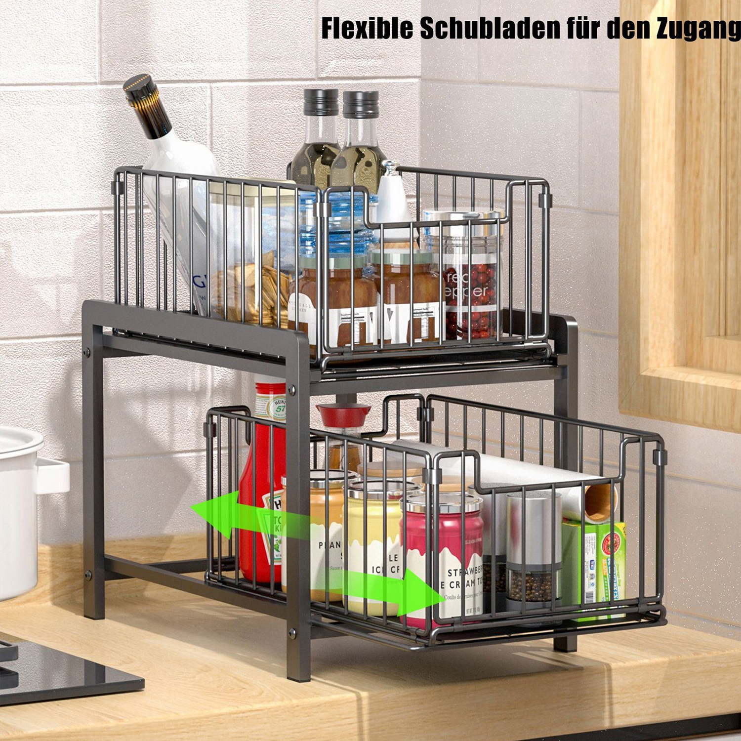 

Storage Shelf Kitchen Shelf With 2 Baskets Extendable Multifunctional Double-layered, Carbon Steel Shelf Large Size 50kg , Bathroom Storage Organizer For Home And Office