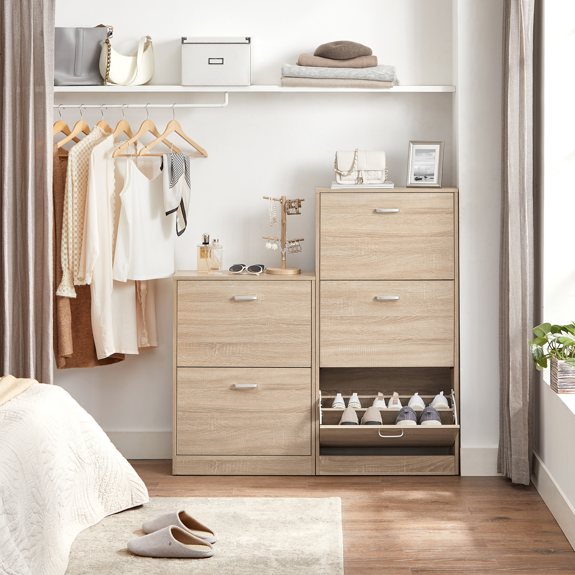 E-shop Schuhschrank mit 3 Schuhregal Schuhkipepr Schuhkommode Eichenfarben verstellbar 60 x 120 x 24 cm (B x H x T)