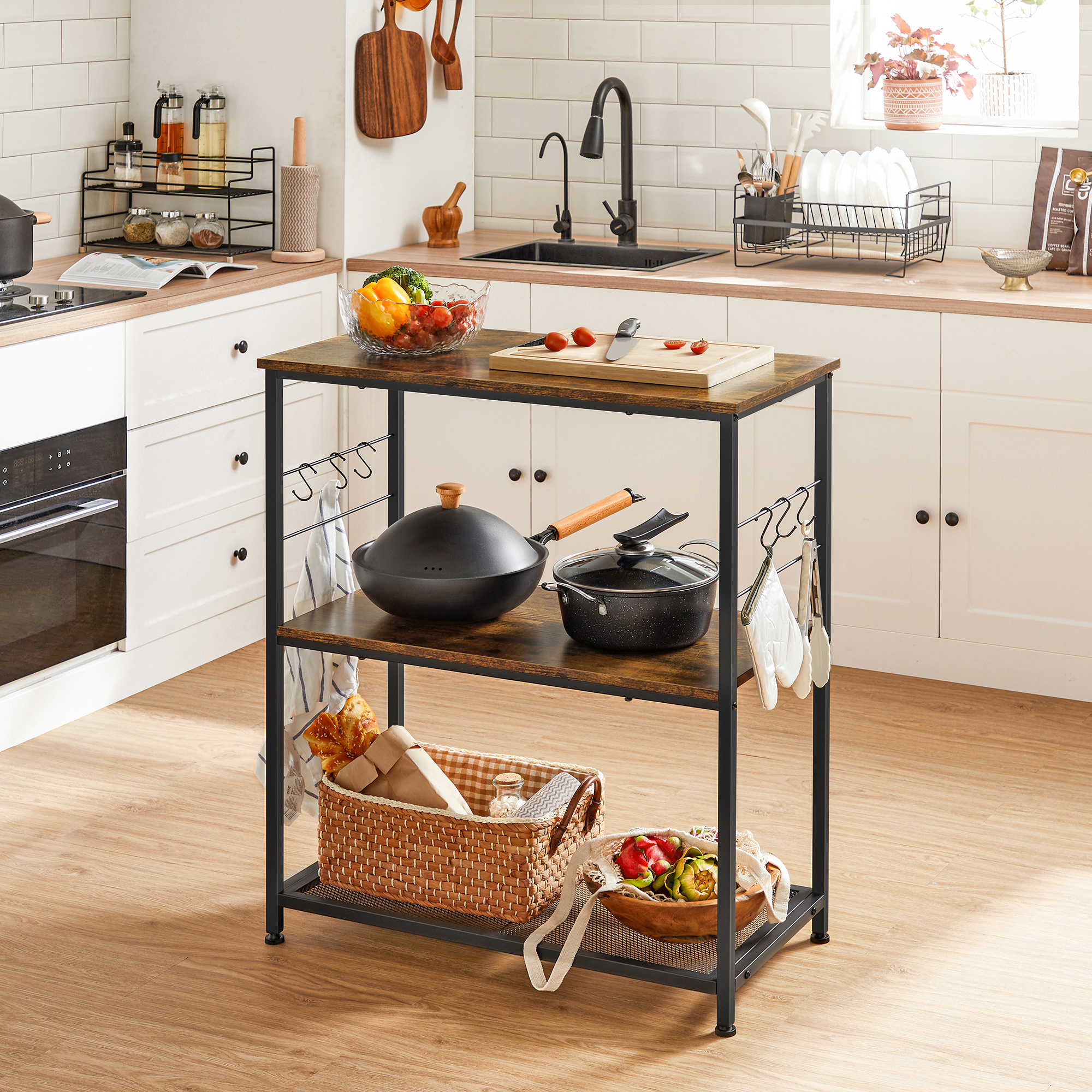 E-shop Küchenregal, Mikrowellenregal, Kücheninsel, Standregal, Metallgestell, 3 Ablagen, offen, 6 Haken, Multifunktionsregal, 80 x 40 x 90 cm,