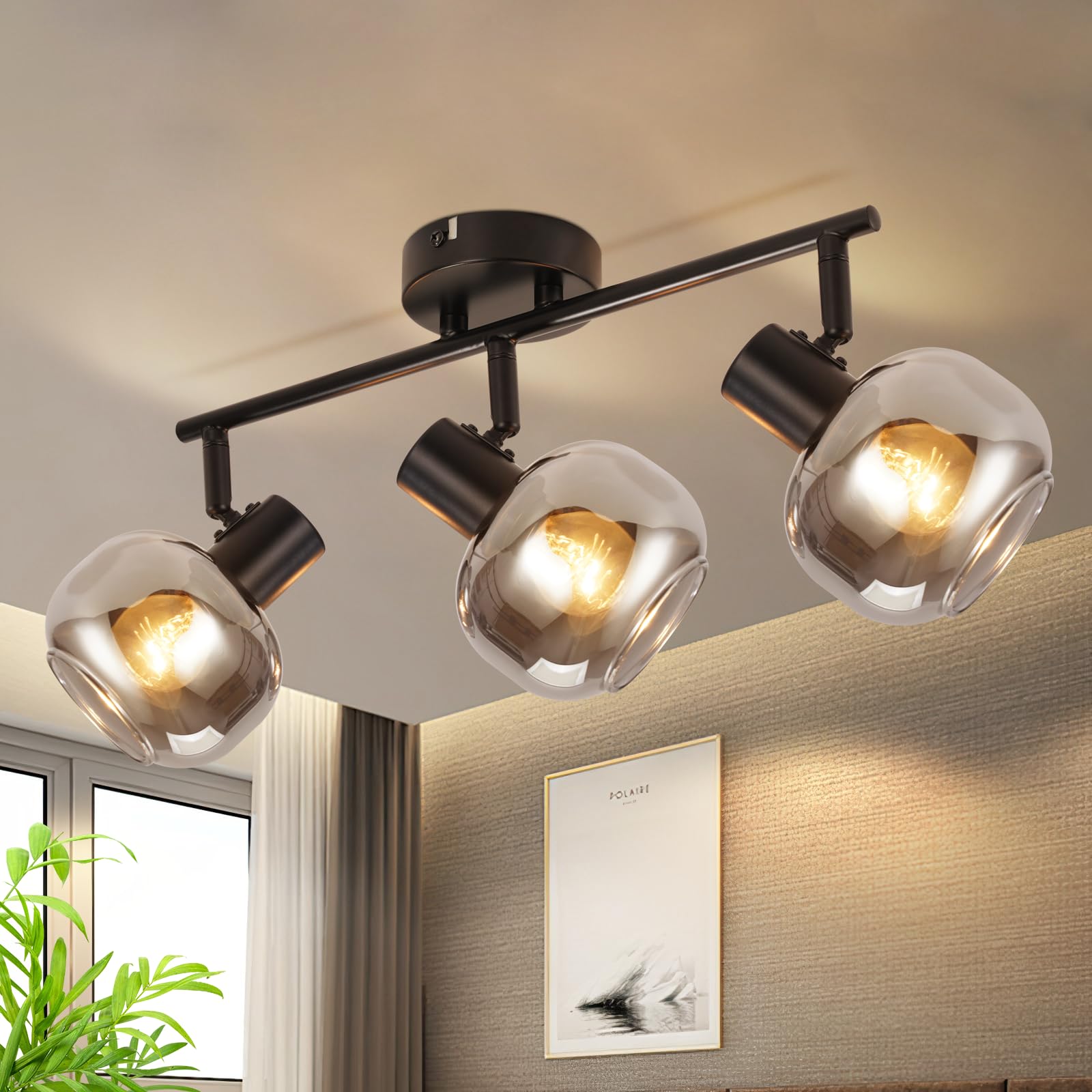 Image of Living Room Ceiling Light - 1/2/3/4-light E14 Socket Lamp Smoke Grey Glass Old School Ceiling Spotlight Black Ironwork Lighting Bedroom (without )