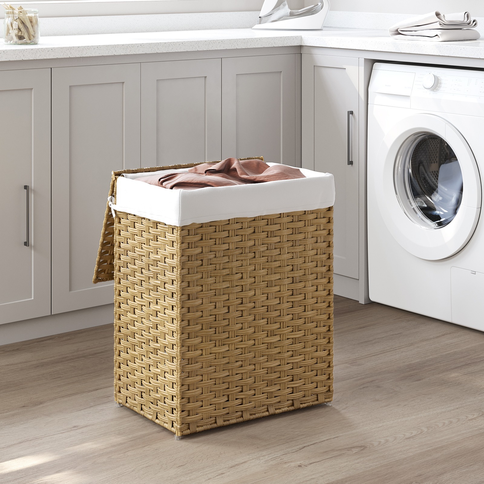 

Songmics Laundry Litres, Hand-woven, Laundry Basket Made Of Synthetic Rattan, With Lid And Handles, Foldable, Laundry Bag Removable