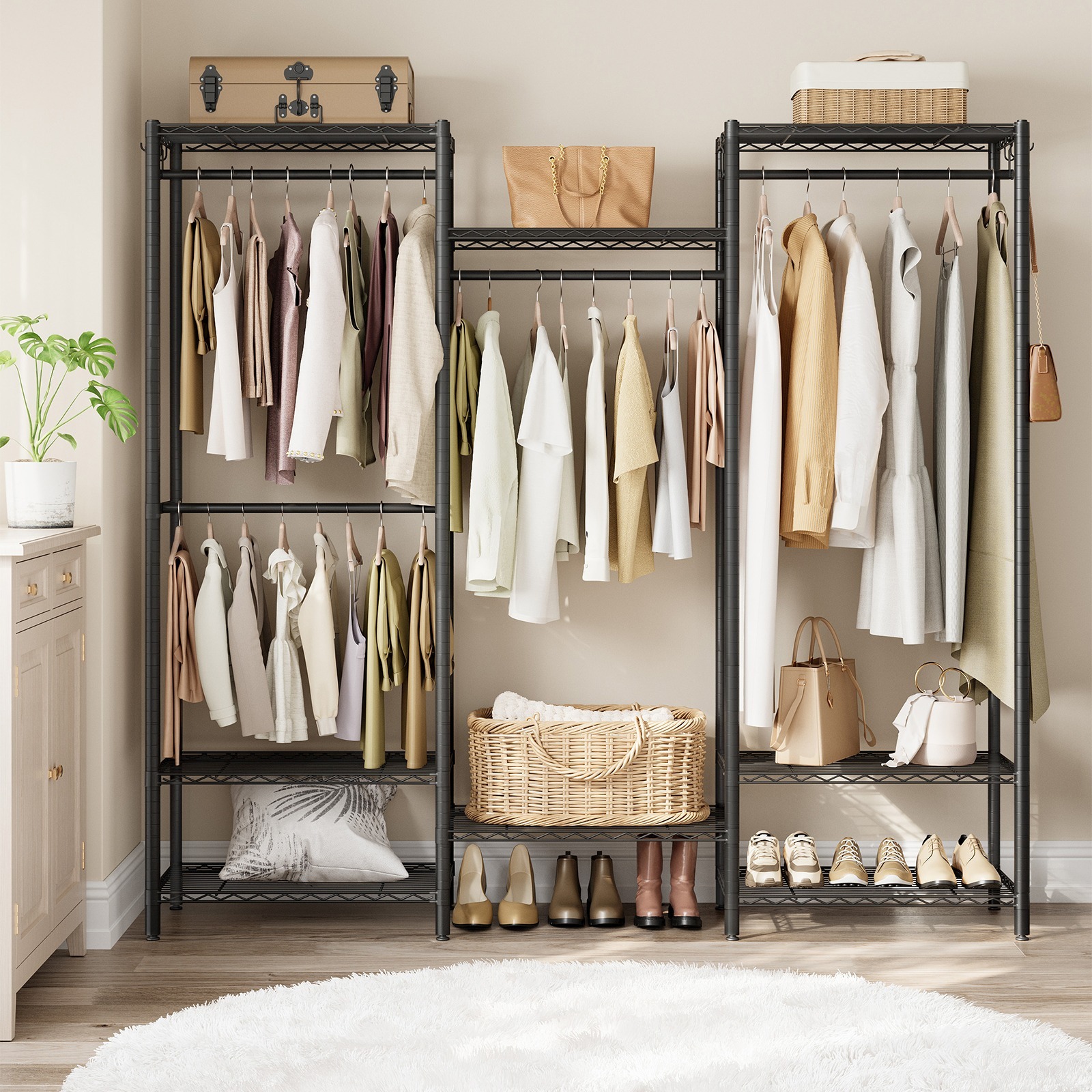 E-shop Kleiderständer, offener Kleiderschrank, Garderobe aus Metall, Garderobenständer mit verstellbaren Ablagen und Kleiderstangen, Haken,