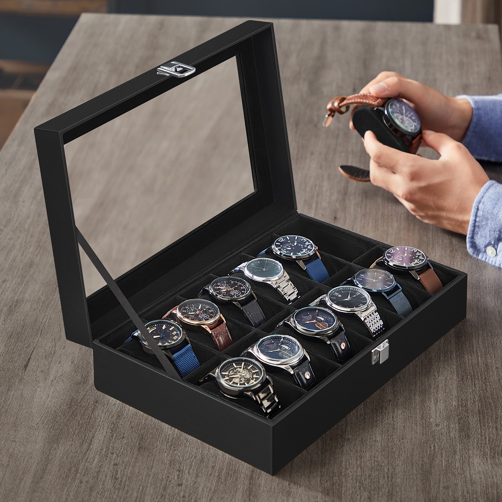 

Songmics Watch Box With 12 Compartments, Watch Case With Glass Lid, Watch Case With Removable Watch Cushions, Metal Clasp, Gift Idea, Pu Cover In Black, Velvet In Black