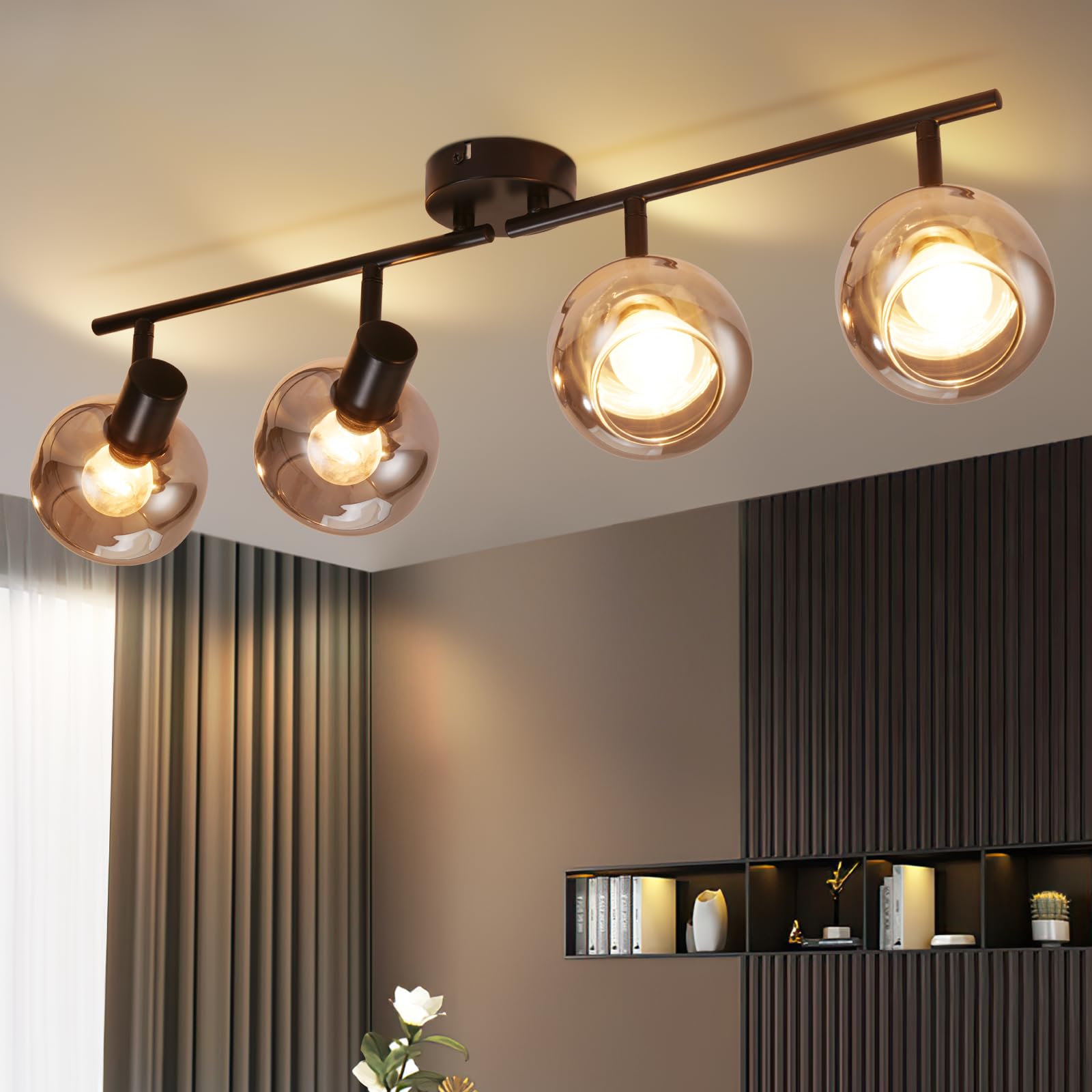 Living Room Ceiling Light - 1/2/3/4-light E14 Socket Lamp Smoke Grey Glass Old School Ceiling Spotlight Black Ironwork Lighting Bedroom (without )