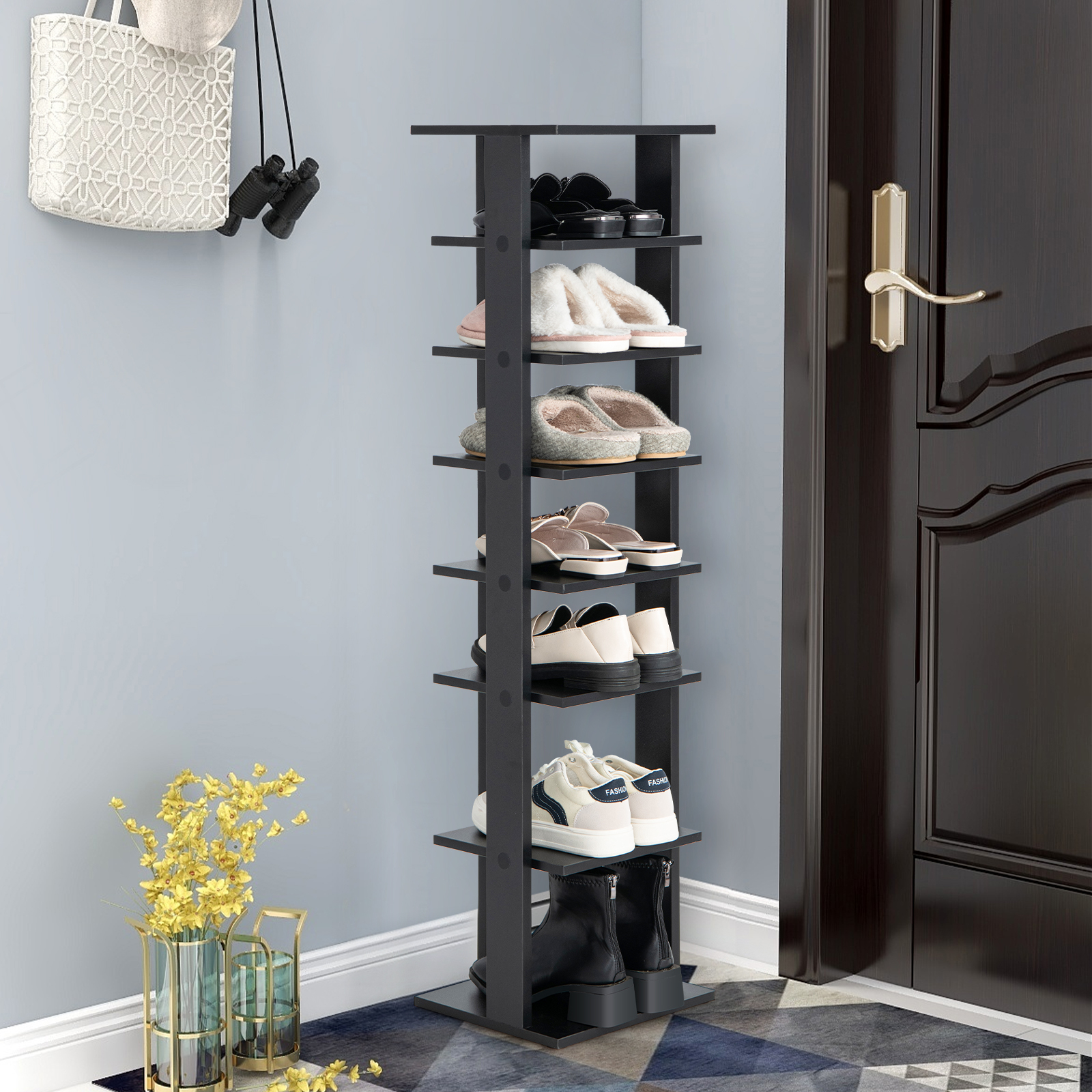 Image of 8-tier Shoe Rack Height Adjustable, Space- Wooden Shoe Rack, Vertical Shoe Organizer, Freestanding Corner Shelf For Entrance, Hallway (black, Single)