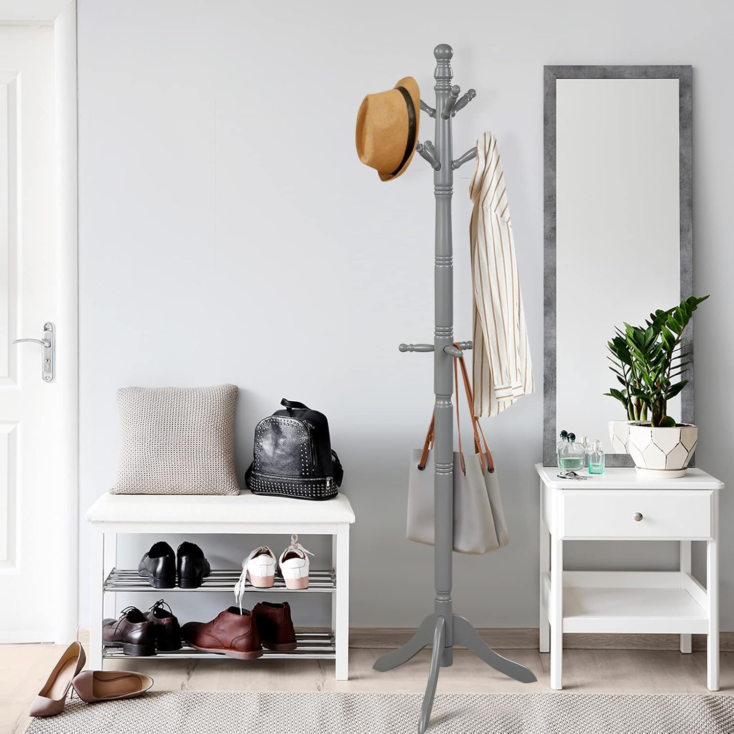 Image of 175 Cm Freestanding Wooden Coat Rack With 9 Hooks, Adjustable Height, Tree-shaped Coat Stand For Hats, Handbags & Scarves (grey)