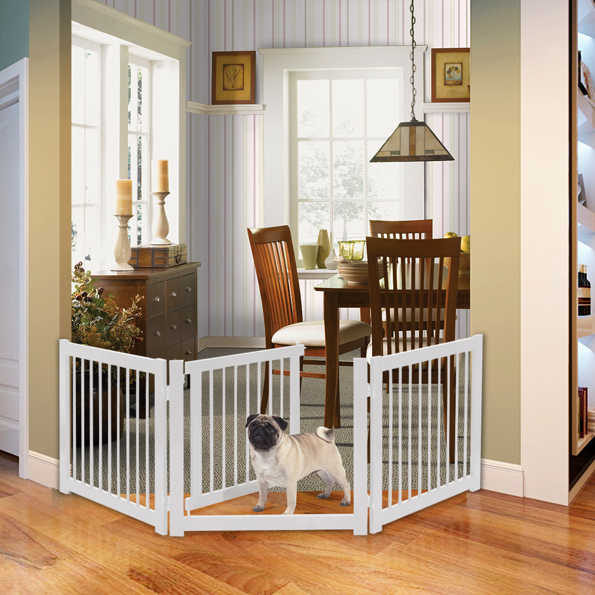 Image of 3-piece Freestanding Dog Gate With Door, 61cm High, Wooden Safety Gate, Foldable Stair And Child Gate, Dog Barrier For Fireplace & Stairs (white/brown)